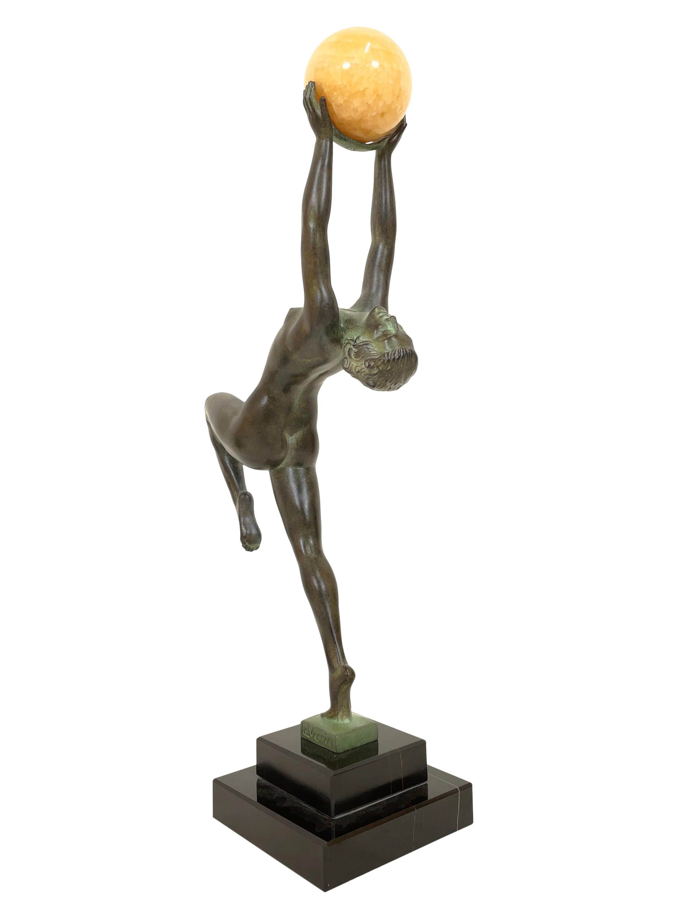 Patinated Dancer Sculpture Jeu with a Jade Ball from Max Le Verrier in Art Deco Style