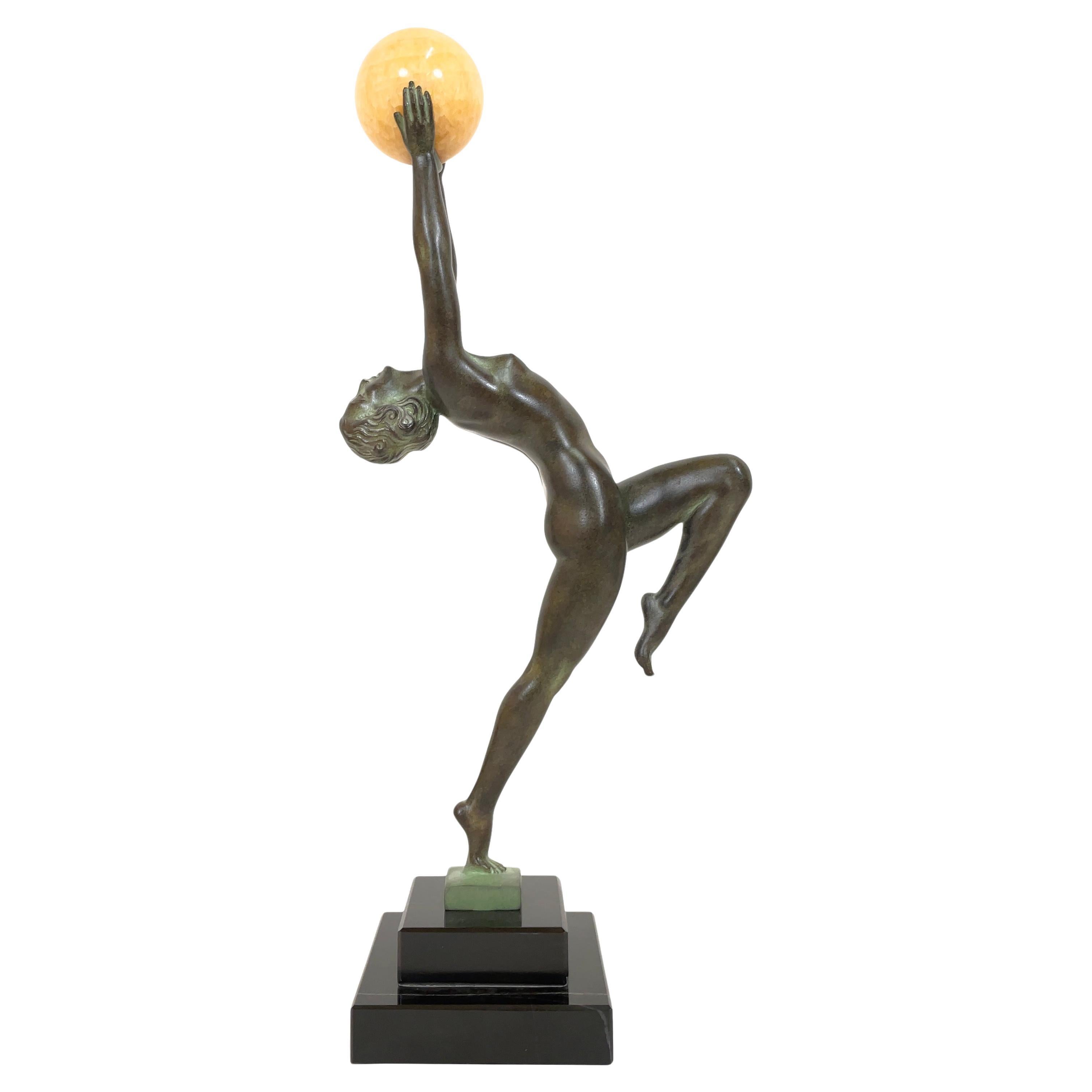 Dancer Sculpture Jeu with a Jade Ball from Max Le Verrier in Art Deco Style