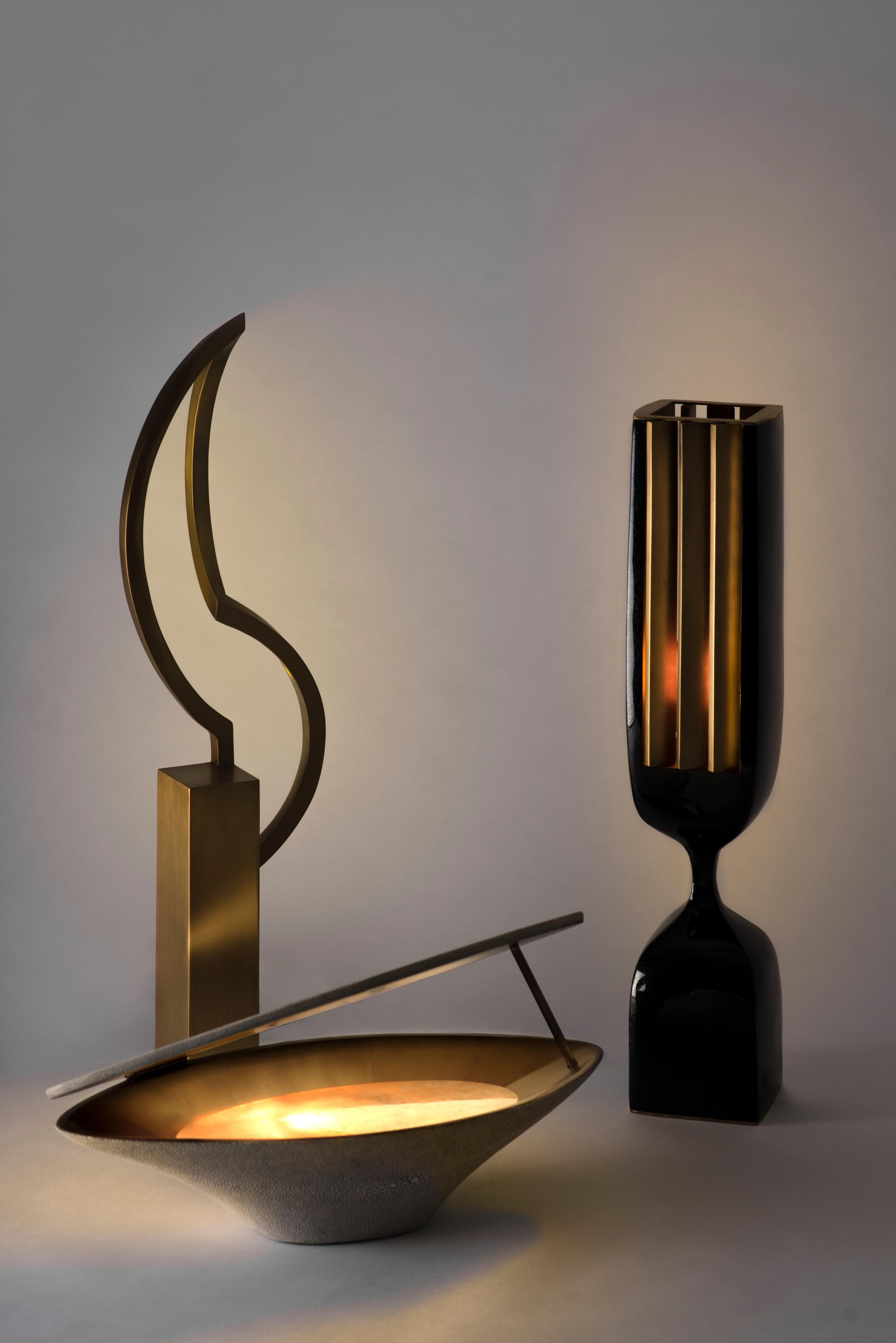 French Dancer Table Lamp Large in Bronze-Patina Brass & Shagreen by Patrick Coard Paris For Sale