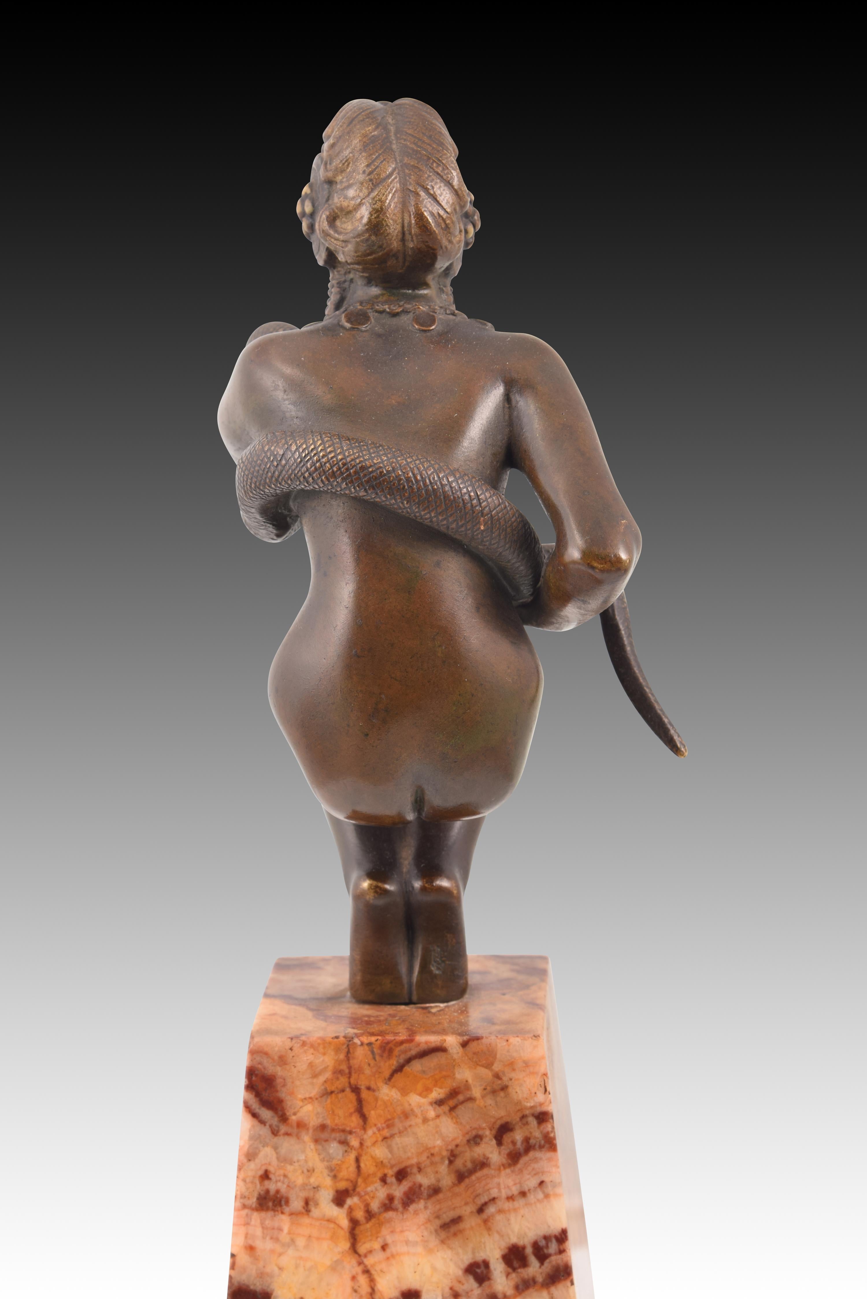 Art déco Danseuse avec un serpent ou Cléopâtre. Bronze, marbre. DEVENET, Claude-Marie en vente