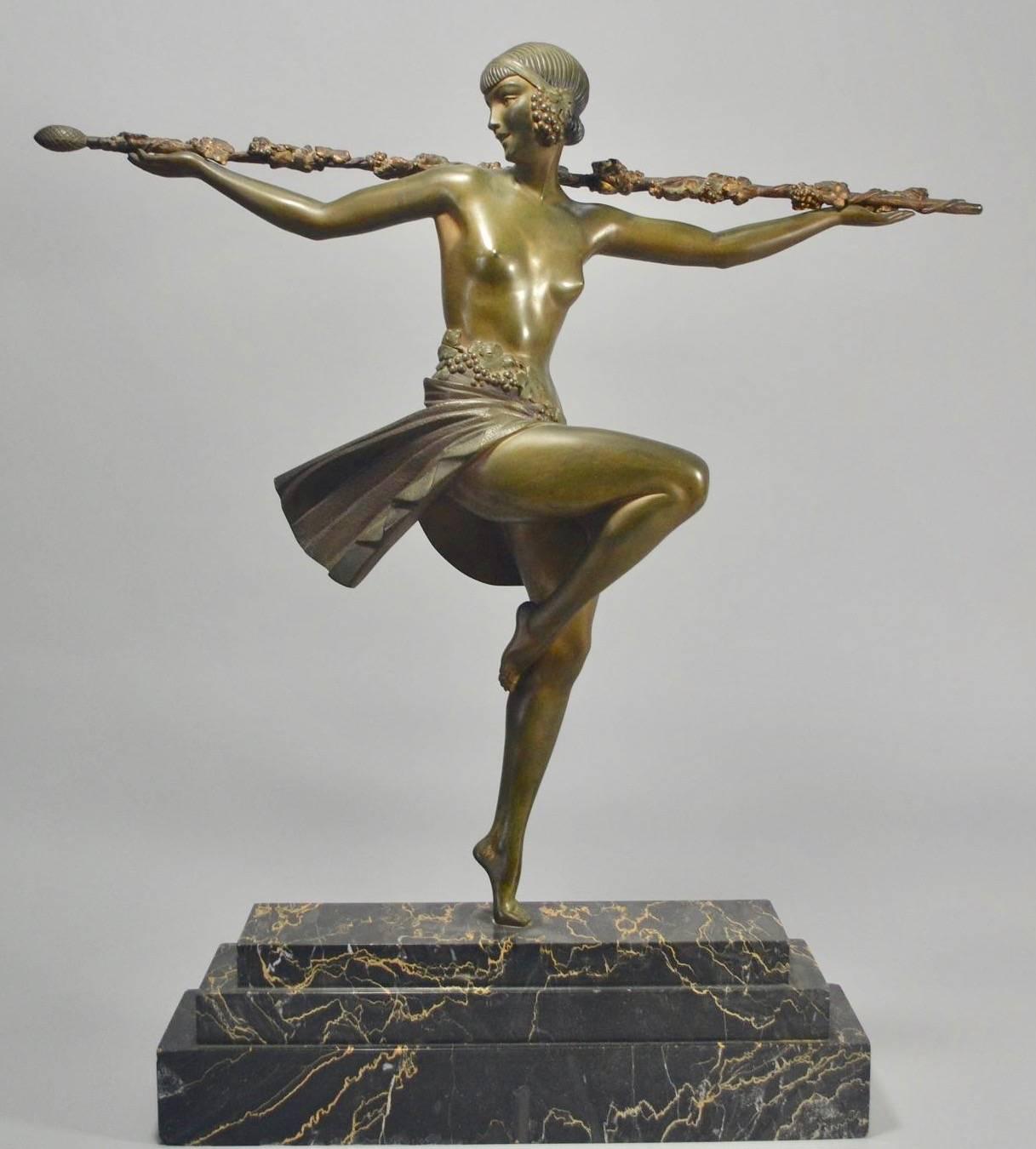 French Dancer with Thyrsus by Pierre Le Faguays Art Deco Bronze Statue