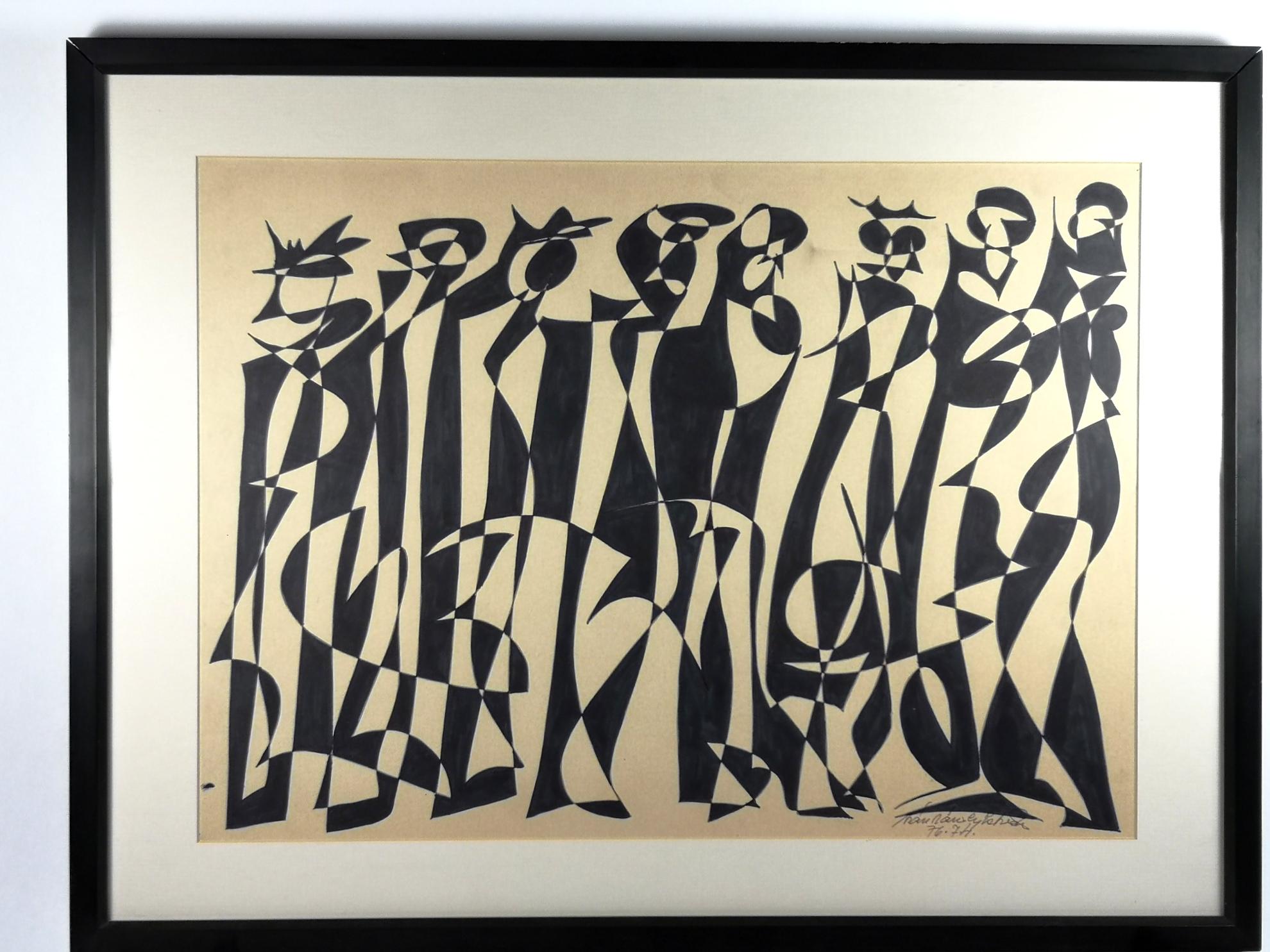 Dancers is an original ink on paper work by Istvan Karoly Szasz. This ink-on-paper work is a representative piece of the 1960s-1970s op art movement in Hungary. The piece is signed and dated by the artist, is framed and in great condition. Original