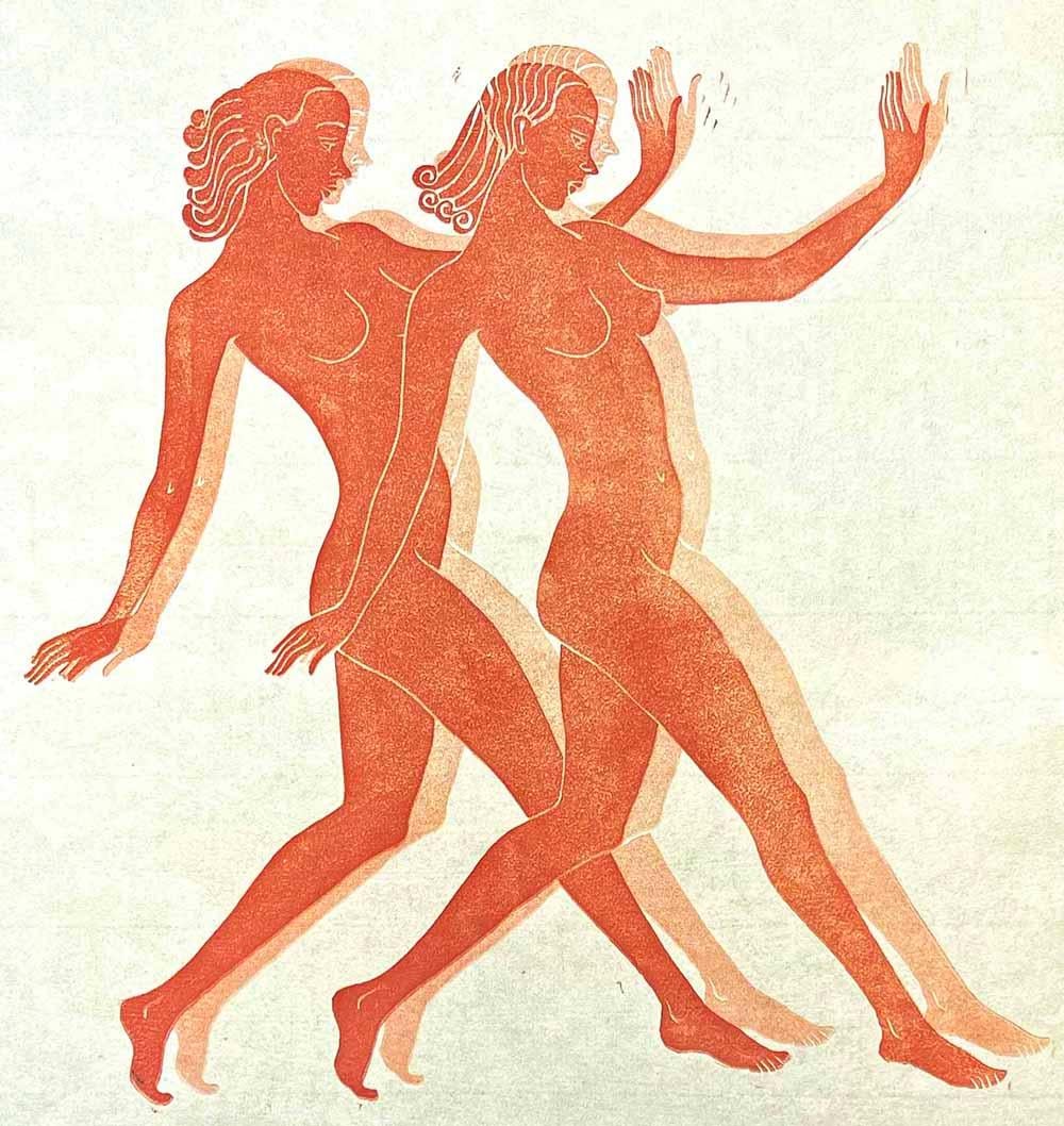 A classic example of high style Art Deco fine art, brilliantly executed in a warm oxblood ink, this woodblock print depicts two nude female dancers, in tight synchronization, each with a pale shadow behind them -- as if there are really four dancers
