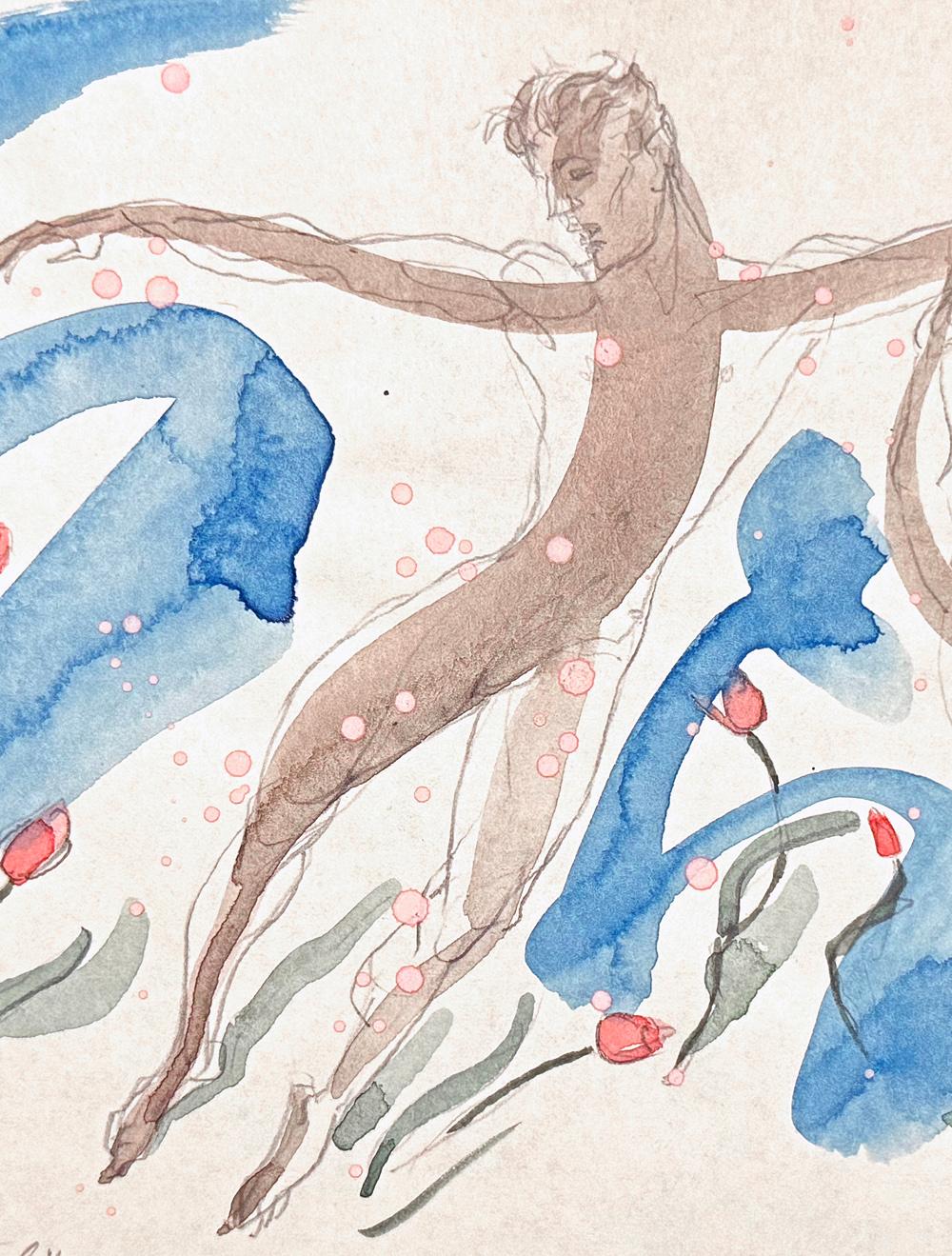 Diese in frischen Blau- und Taupe-Tönen gehaltene Darstellung zweier nackter männlicher Tänzer wurde von Emlen Etting gemalt, einem Maler aus Philadelphia, der in der Gesellschaft verkehrte, aber auch gerne mit Matrosen, Tänzern und anderen