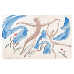 "Dancers with Tulips", Male Nude Figures in Blue and Taupe by Etting