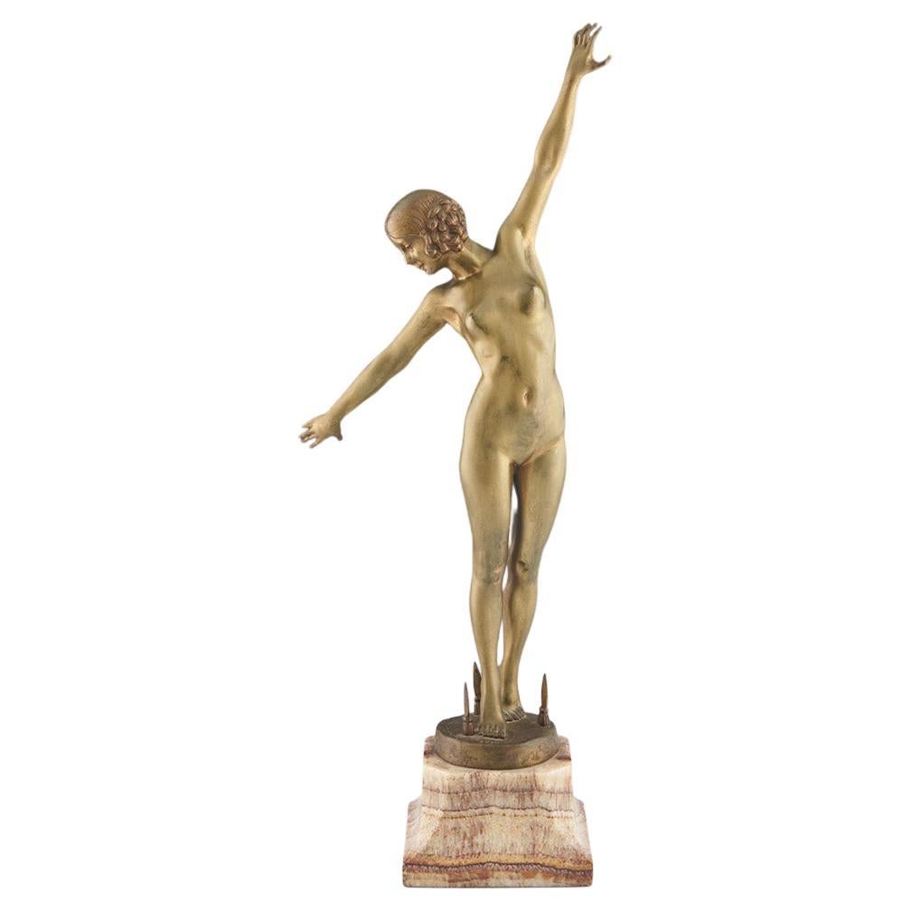 Art-déco-Bronzeskulptur „Danceuse aux Lances“ von F Ouillon Carrere, 1919