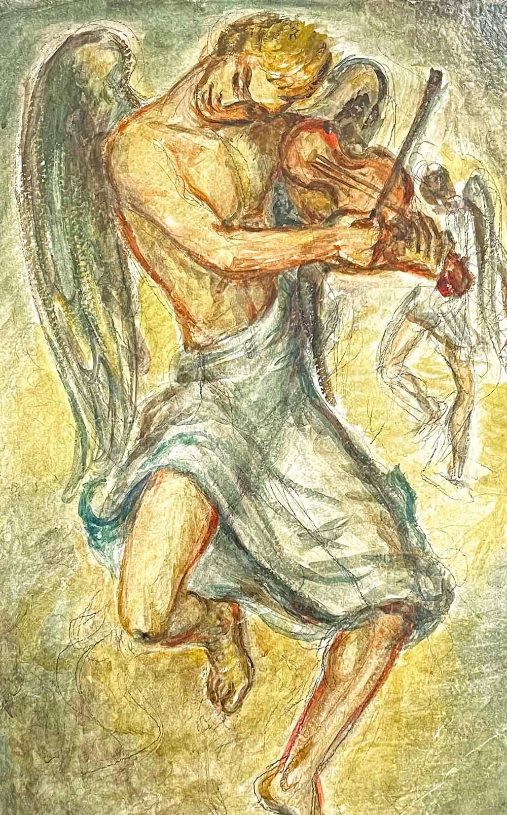Reminiscent of the work of Jared French in its material (tempera), its color palette and its approach to the male figure, this lovely depiction of two dancing angels, one in the foreground playing fiddle as well, was painted by Robert Somers in