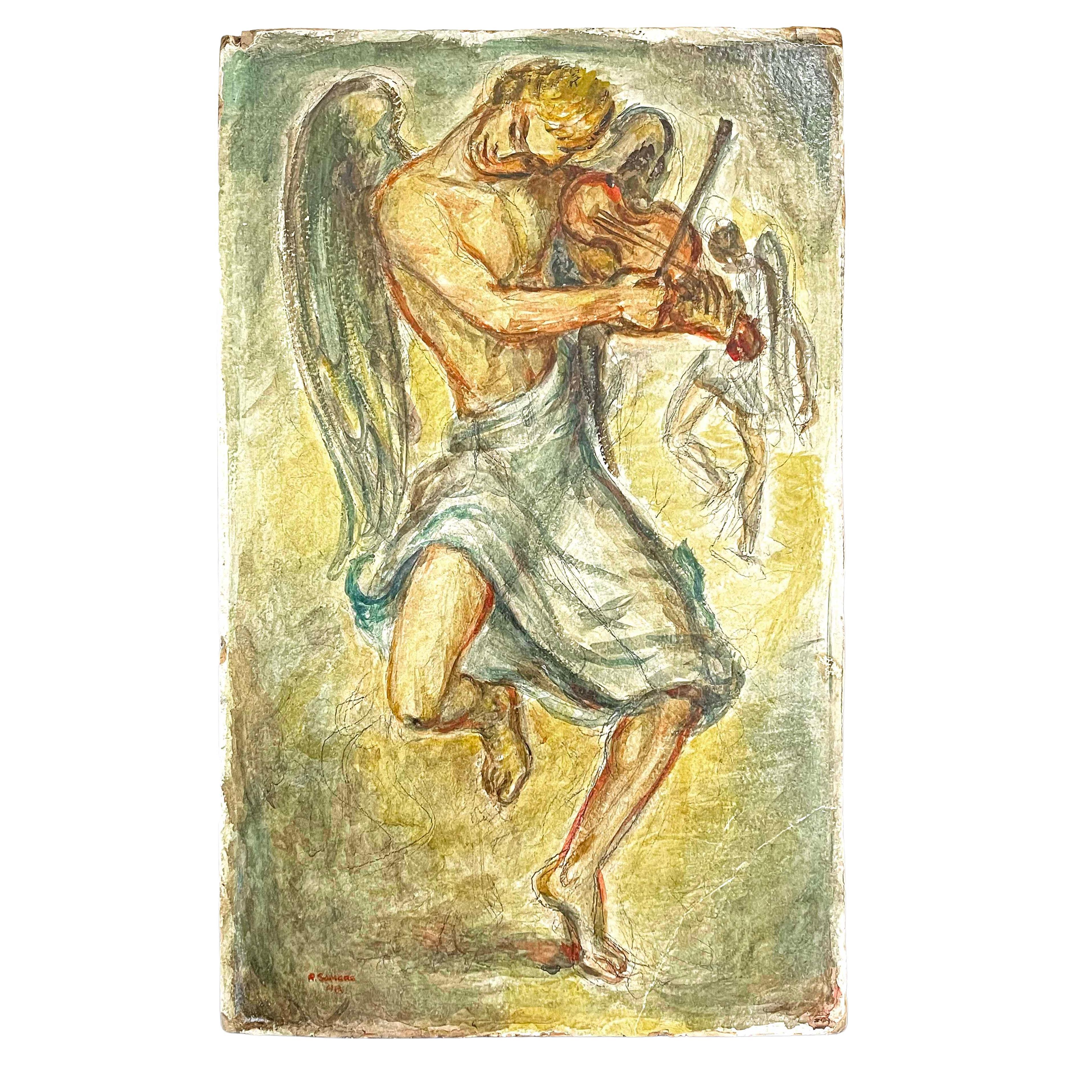 "Dancing Angel", Classic 1940s Tempera Painting with Nude Male Figure