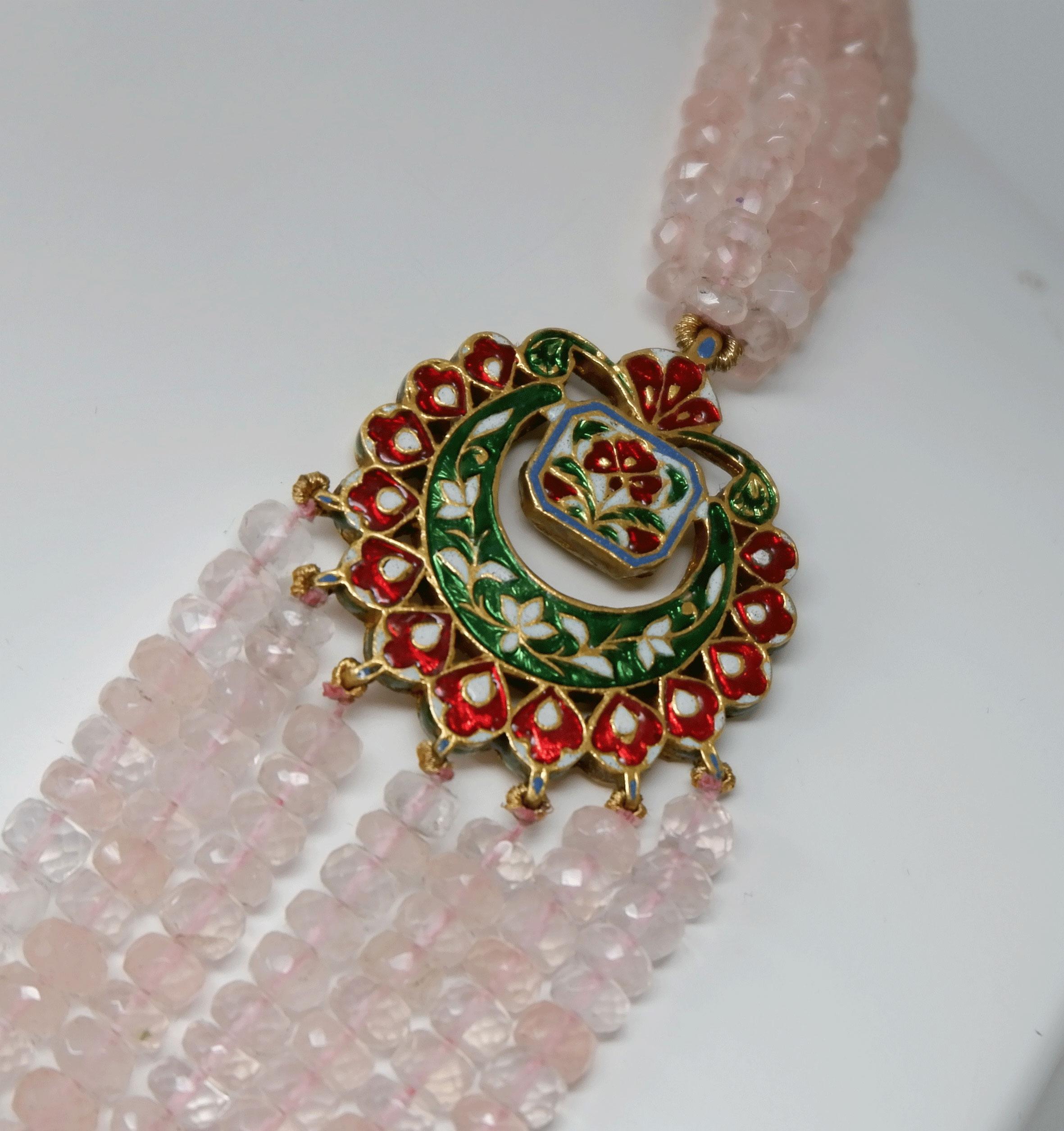 Contemporary 18 Karat Gold Rose Quartz Diamond and Ruby Kundan Necklace For Sale