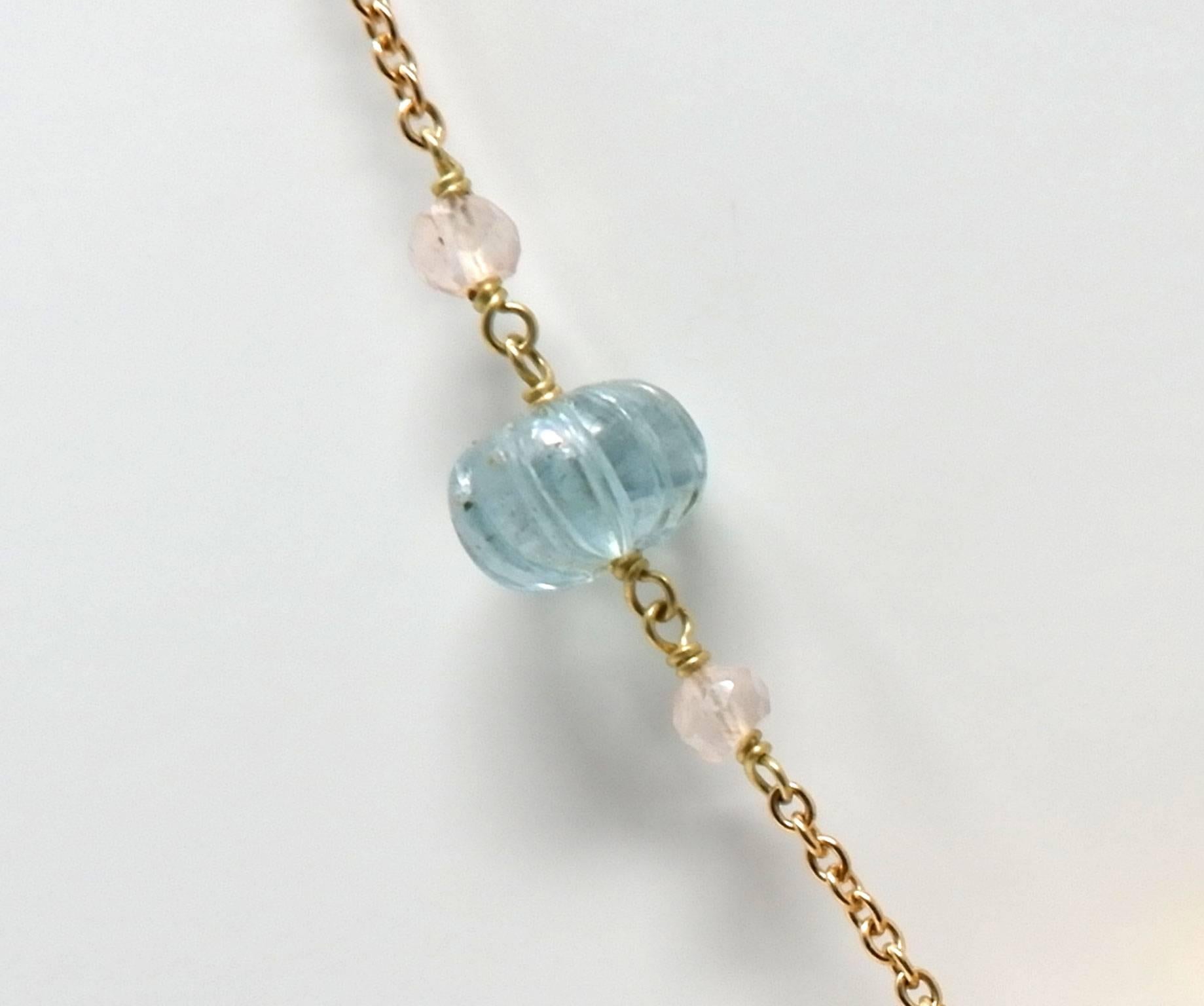 Contemporary Beryl Aquamarine Gold and Precious Stone Sautoir Bead Necklace For Sale