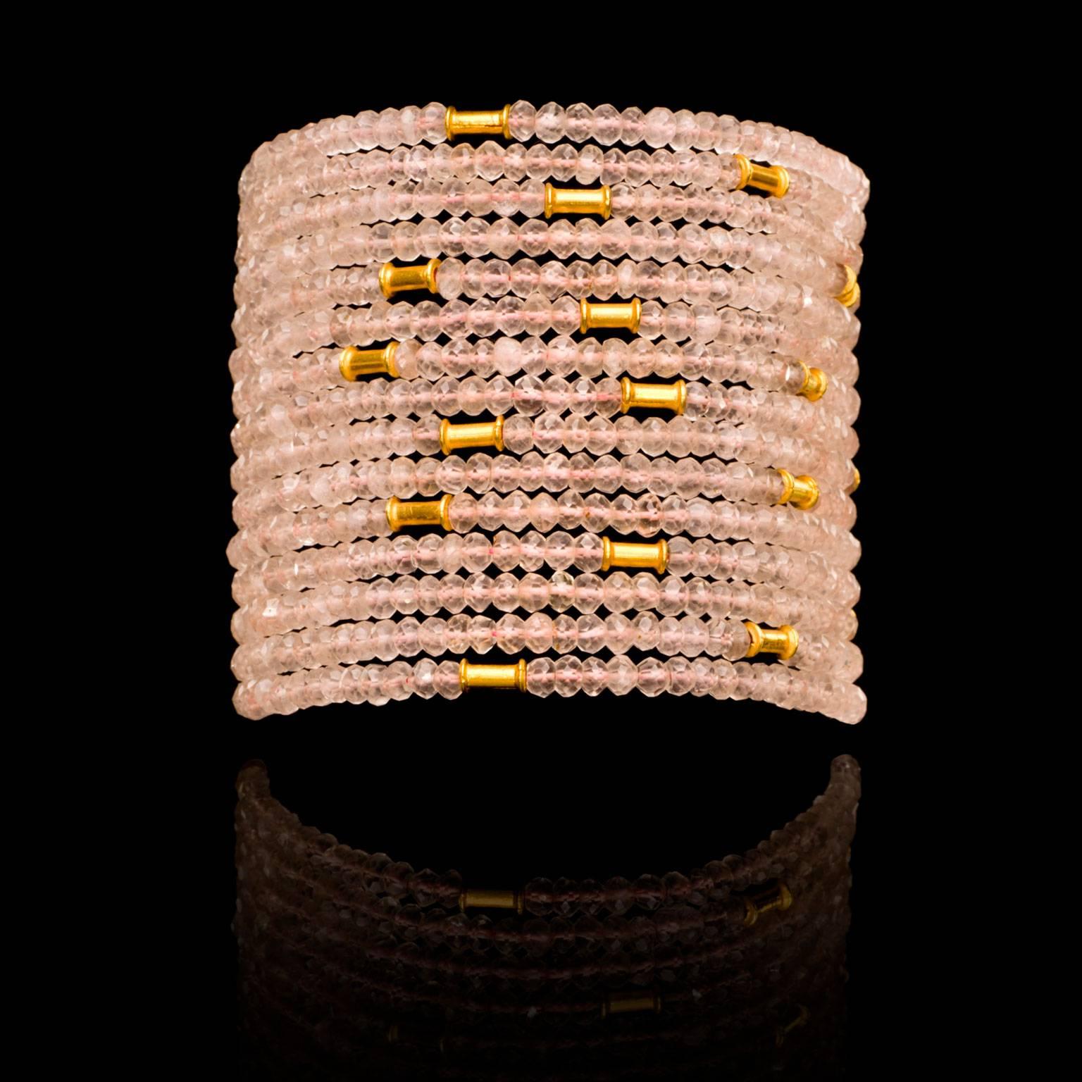 Contemporary Boho Rose Quartz and Gold Bead Cuff Bracelet
