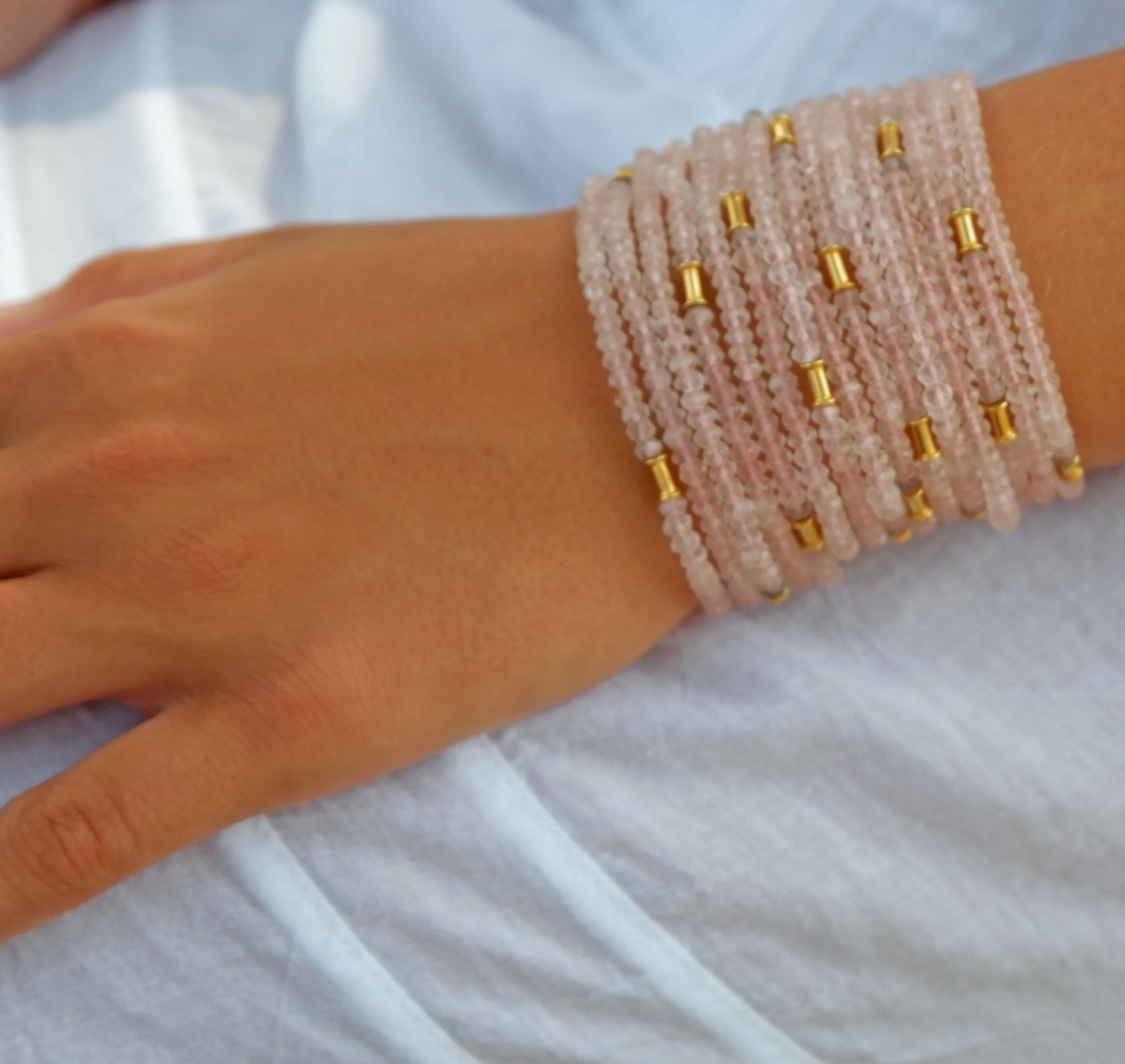 Boho Rose Quartz and Gold Bead Cuff Bracelet In New Condition In London, Stockholm