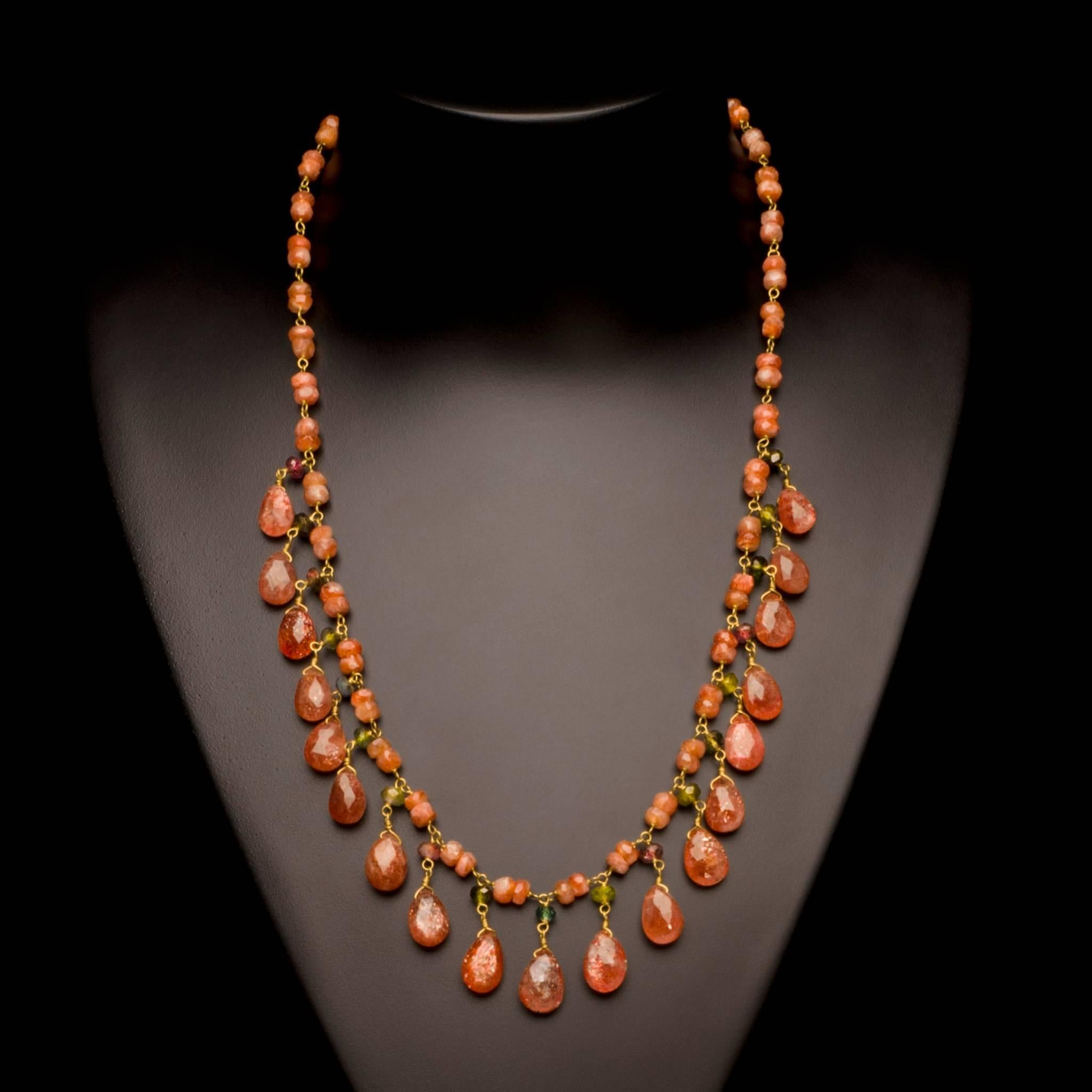 Dancing Apsara Gold Sunstone and Tourmaline Drop Bead Necklace For Sale 1