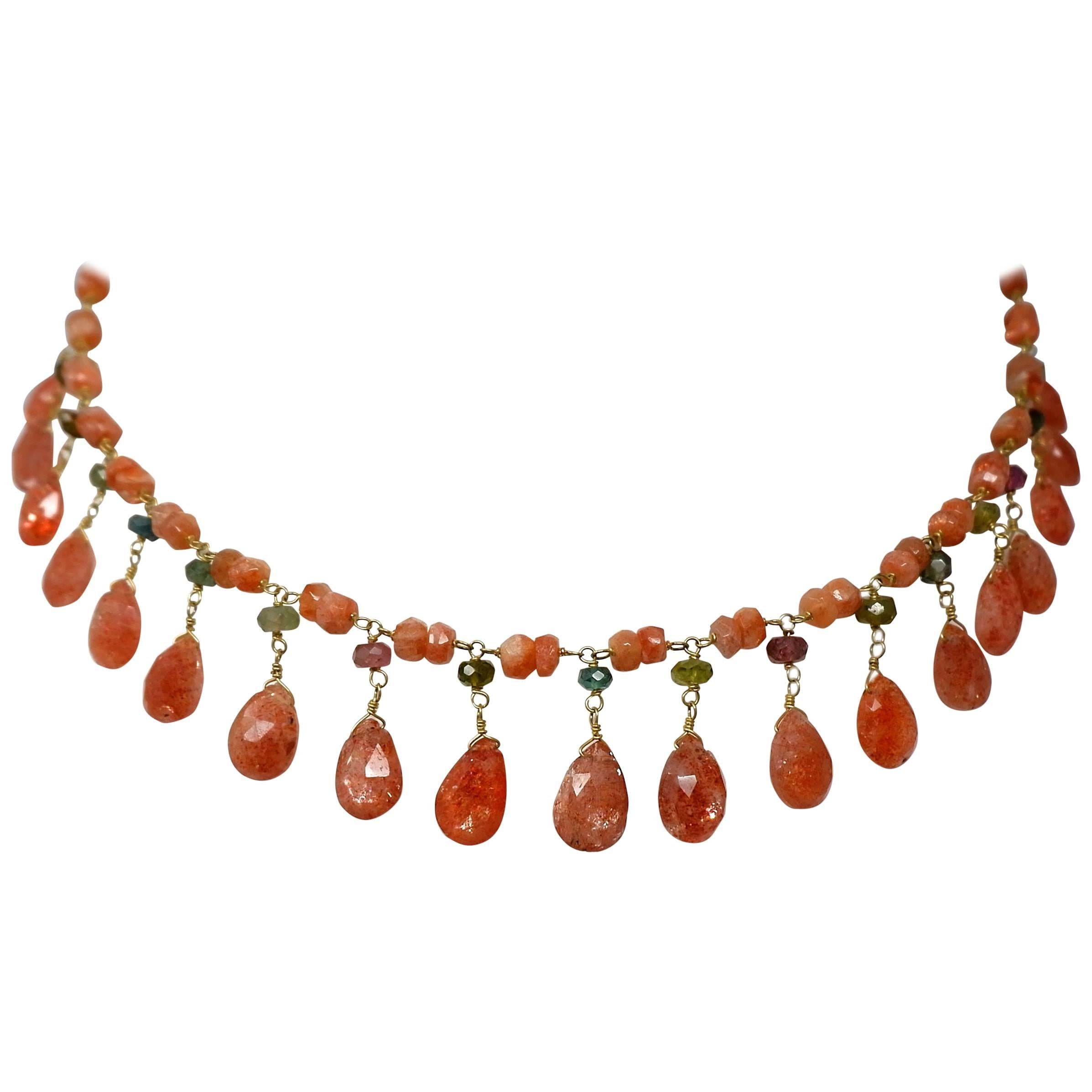 Dancing Apsara Gold Sunstone and Tourmaline Drop Bead Necklace For Sale