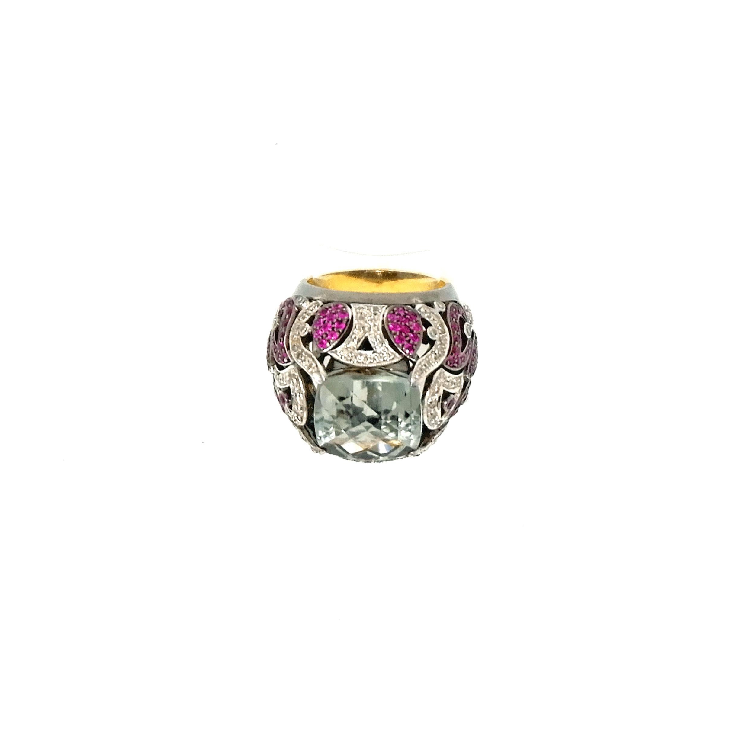 Women's Green Amethyst Pink Sapphire and Diamond Ring For Sale