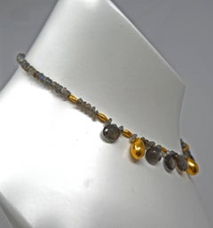 Dancing Apsara Labradorite 18 Karat Gold Bead Drop Necklace