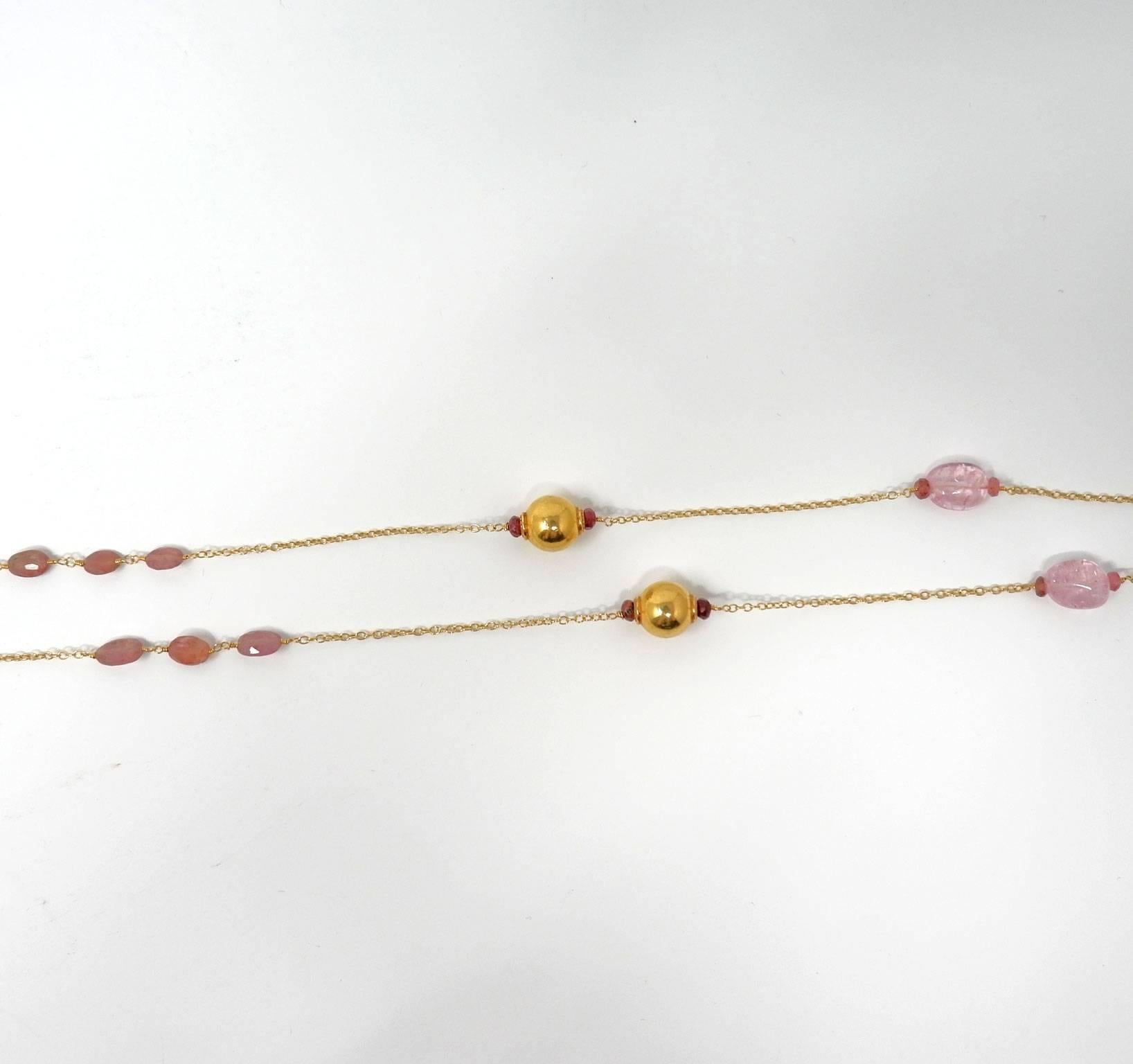 Pink Beryl and Rubellite Gold Bead Sautoir Necklace For Sale 1