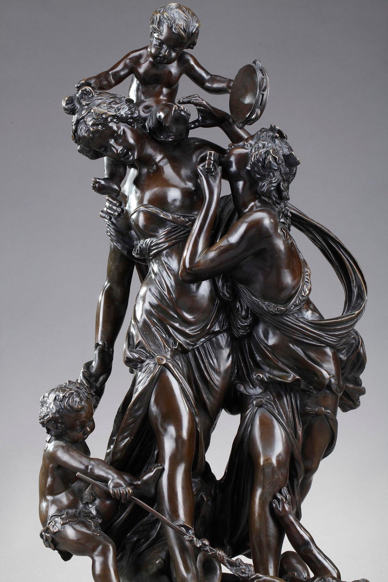 Patinated Dancing Bacchantes and Putti Bronze Sculpture after Clodion For Sale