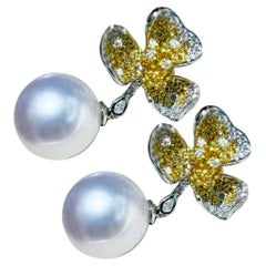 【Vine Symphony】Dancing Blossom Aurora South Sea Pearl and Diamond Earrings