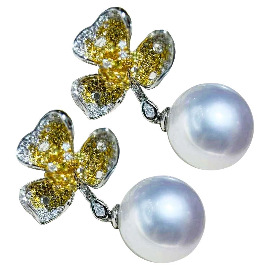 【Vine Symphony】Dancing Blossom Aurora South Sea Pearl and Diamond Earrings For Sale