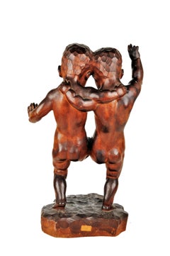 Dancing Boys, Black Forest Art Deco, Hand-Carved Wood Sculpture, 1920s