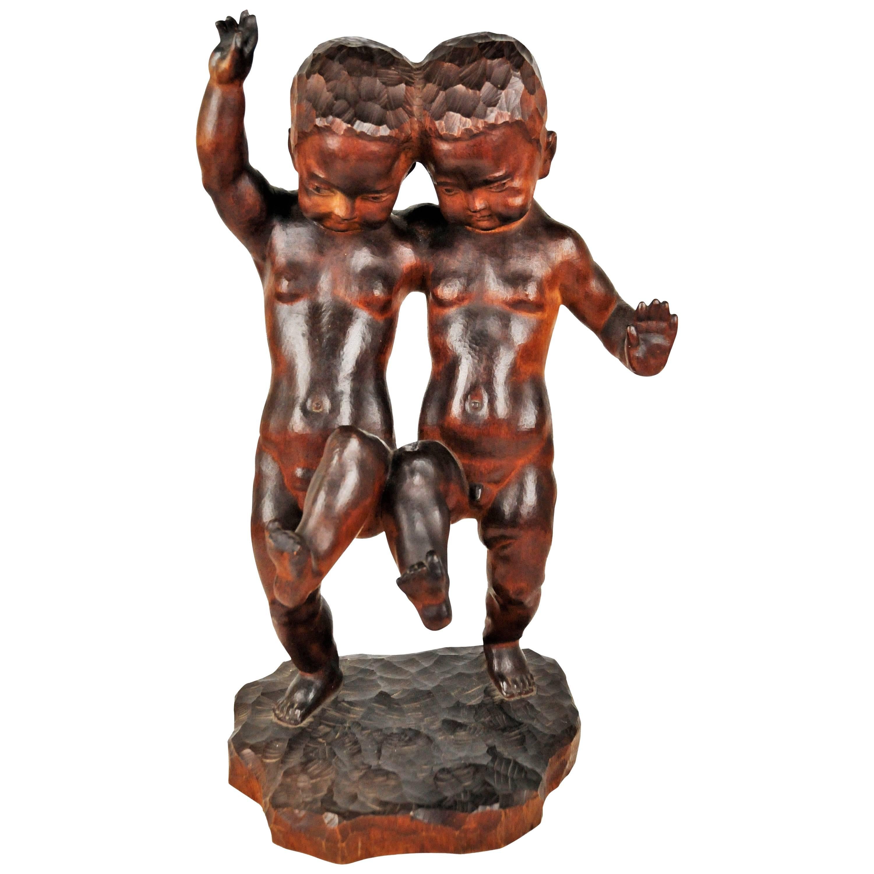 Dancing Boys, Black Forest Art Deco, Hand-Carved Wood Sculpture, 1920s