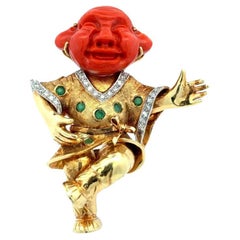 Dancing Buddha Carved Coral Emerald and Diamond Vintage Statement Brooch Pendant