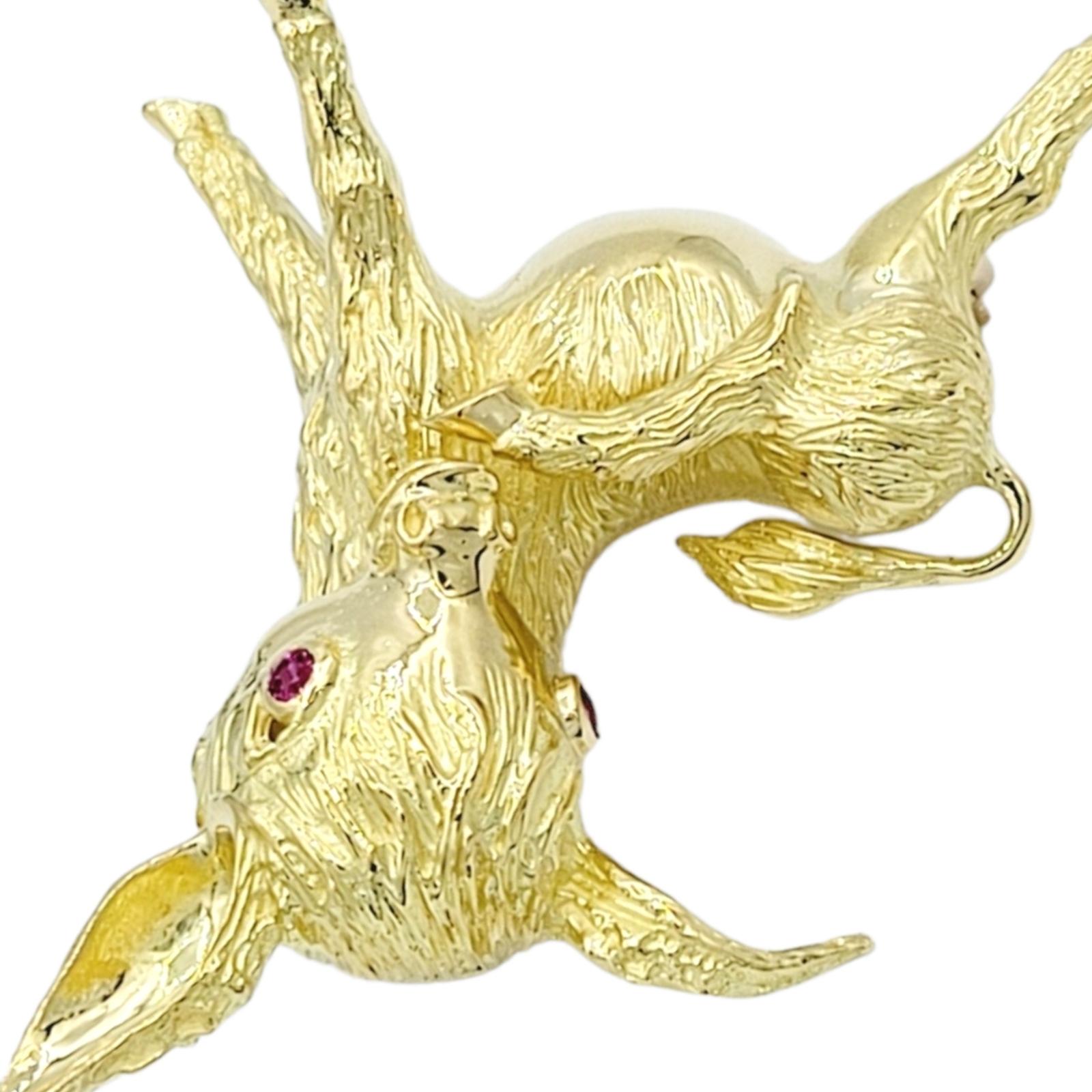 Contemporary Dancing Burro / Donkey Brooch with Ruby Eyes in 18 Karat Yellow Gold For Sale