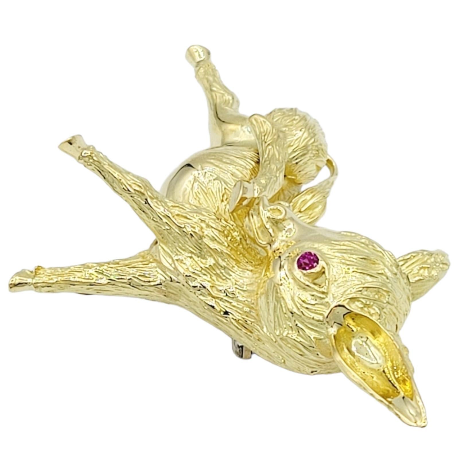 Round Cut Dancing Burro / Donkey Brooch with Ruby Eyes in 18 Karat Yellow Gold For Sale