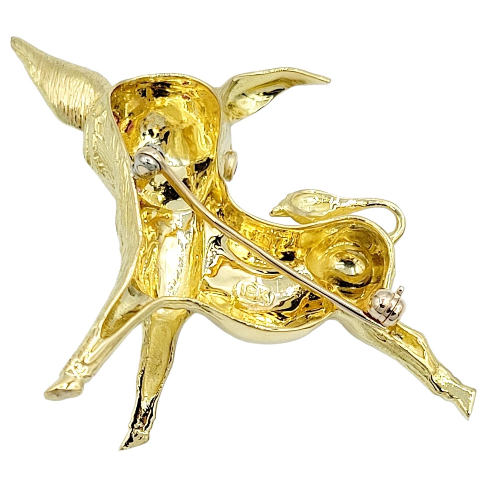 Dancing Burro / Donkey Brooch with Ruby Eyes in 18 Karat Yellow Gold In Good Condition For Sale In Scottsdale, AZ