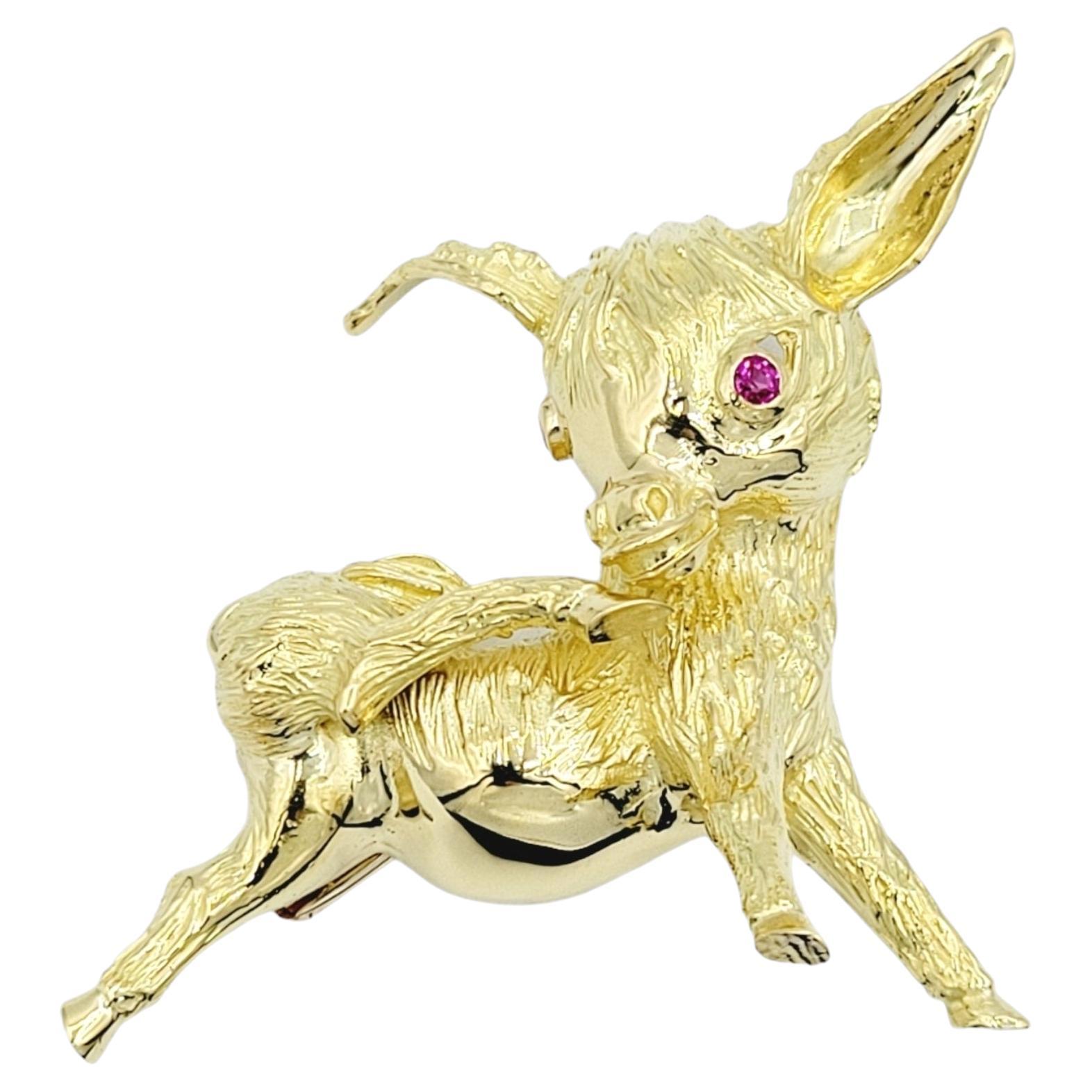 Dancing Burro / Donkey Brooch with Ruby Eyes in 18 Karat Yellow Gold For Sale