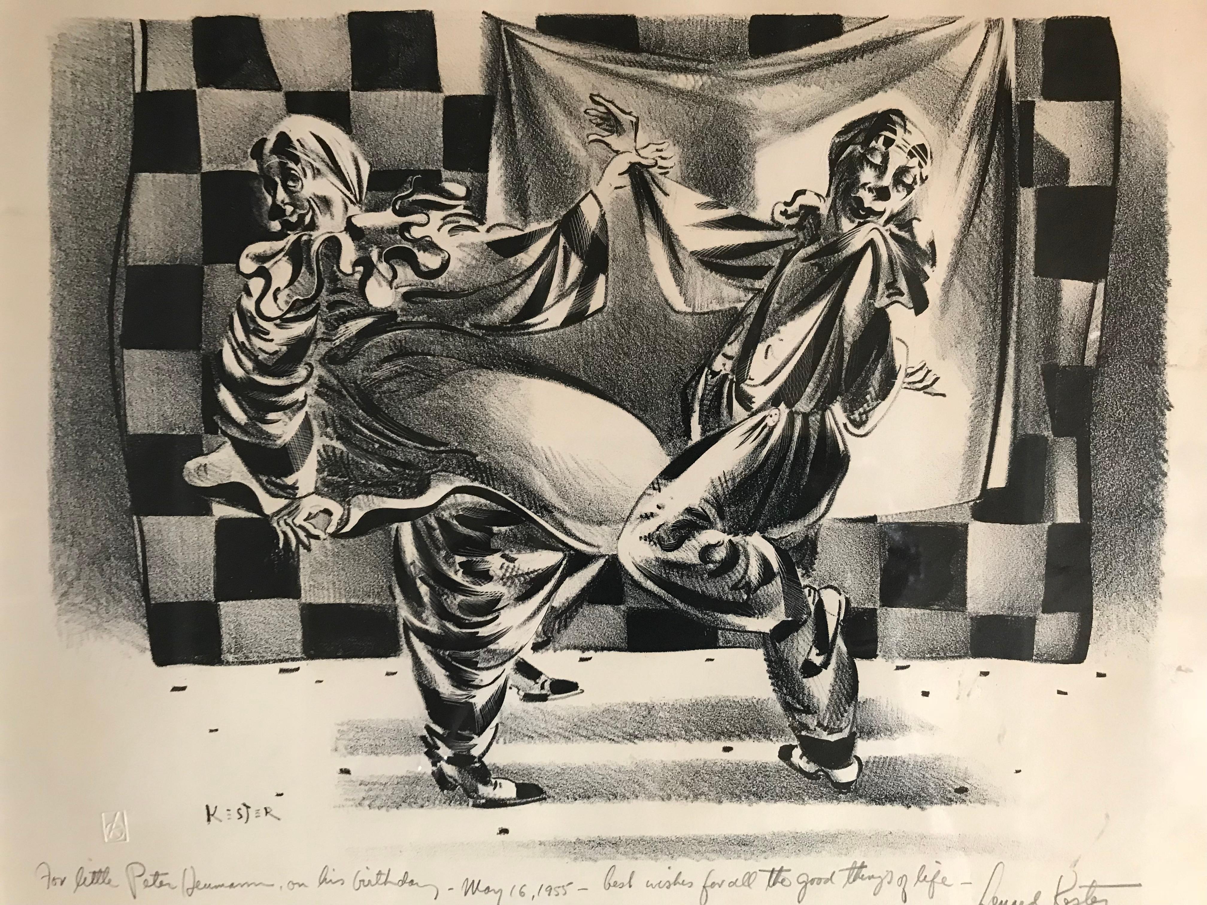 Whimsical framed black and white drawing by Lenard Kester, tilted 