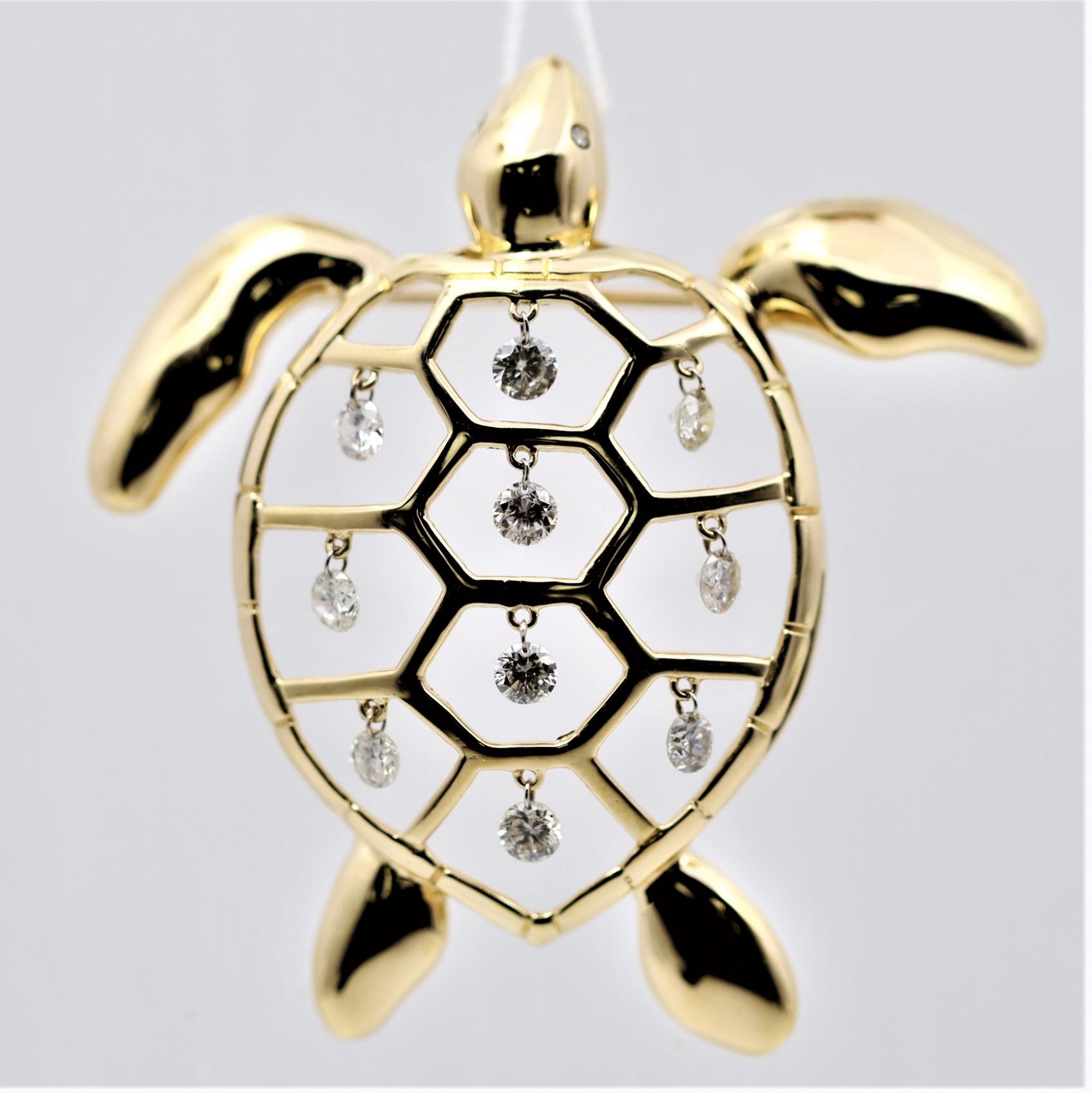 A fun and dazzling piece of a diamond studded turtle! The diamonds are wire-set across the turtle’s shell allowing each one to dangle and dance on their own and weigh a total of 0.90 carats. The turtle is made in 18k yellow gold and is ready to be