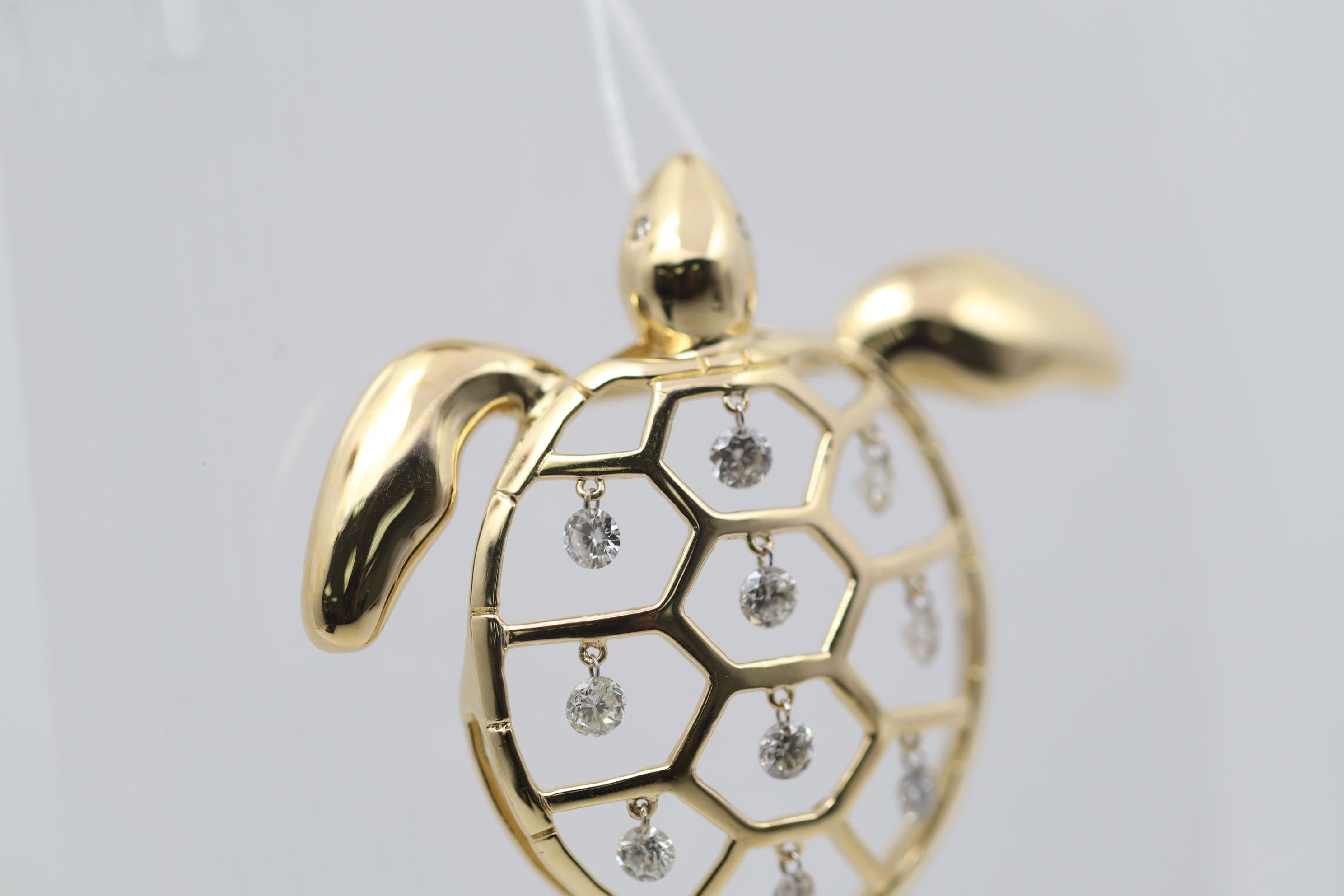 Round Cut Dancing Diamond Gold Turtle Pendant-Brooch