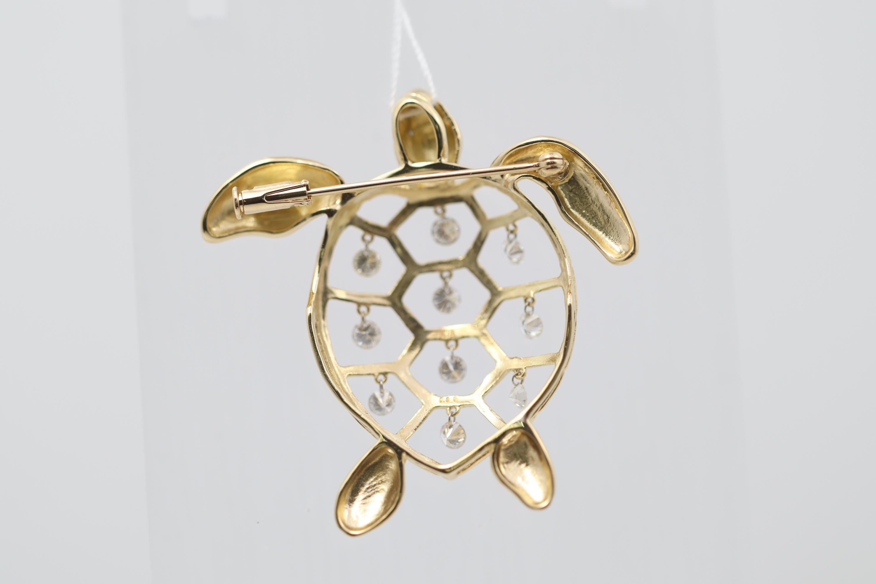 Women's or Men's Dancing Diamond Gold Turtle Pendant-Brooch