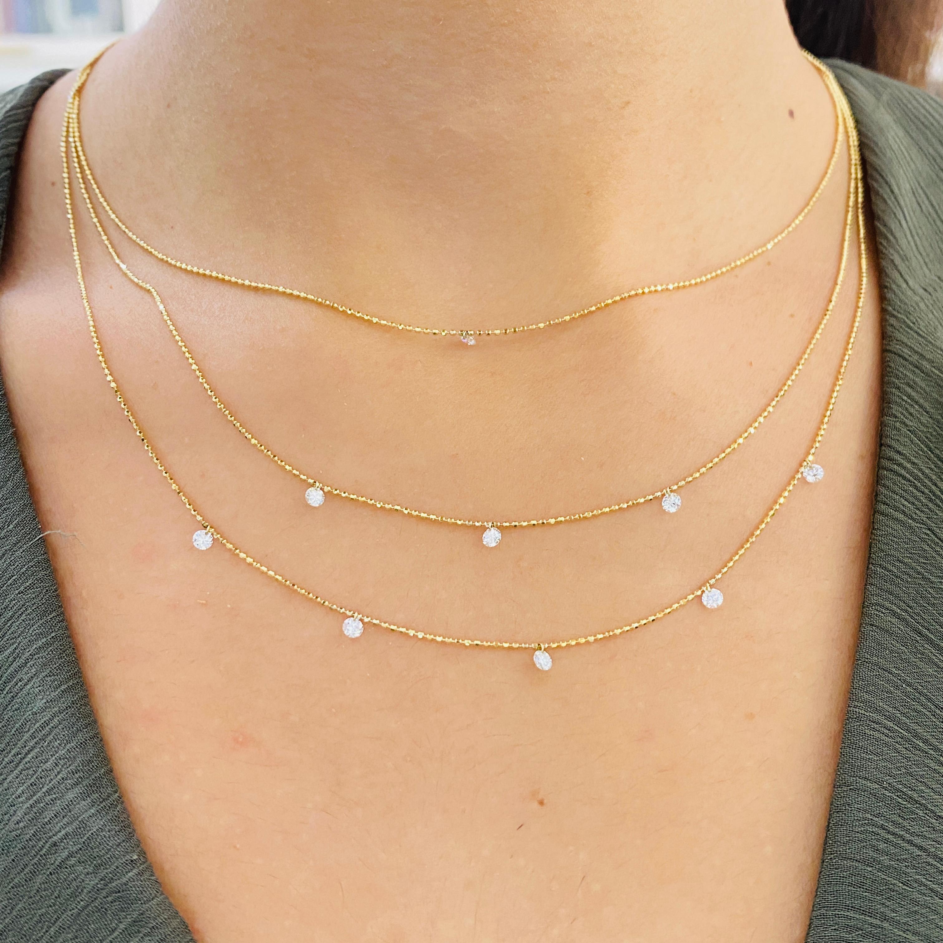 This fabulous diamond necklace has three layers all connected to our amazing clasp organizer. And the clasp can be used for any three necklaces! The shortest necklace is 16 inches long with one dashing diamond, the second necklace is 18 inches long