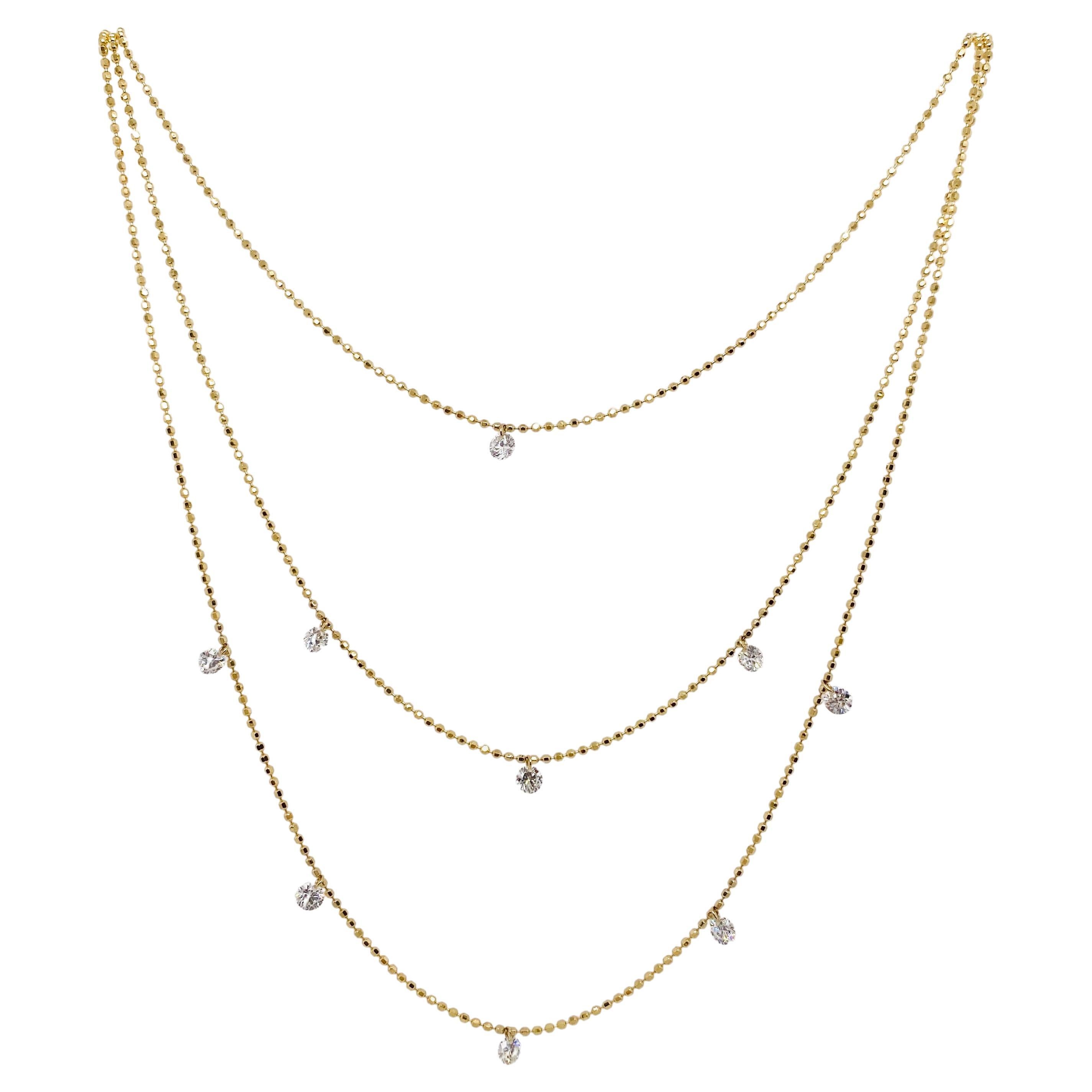 Dashing Diamond Three Layer Necklace .72 Carats in 14K Yellow Gold Beaded Chain For Sale