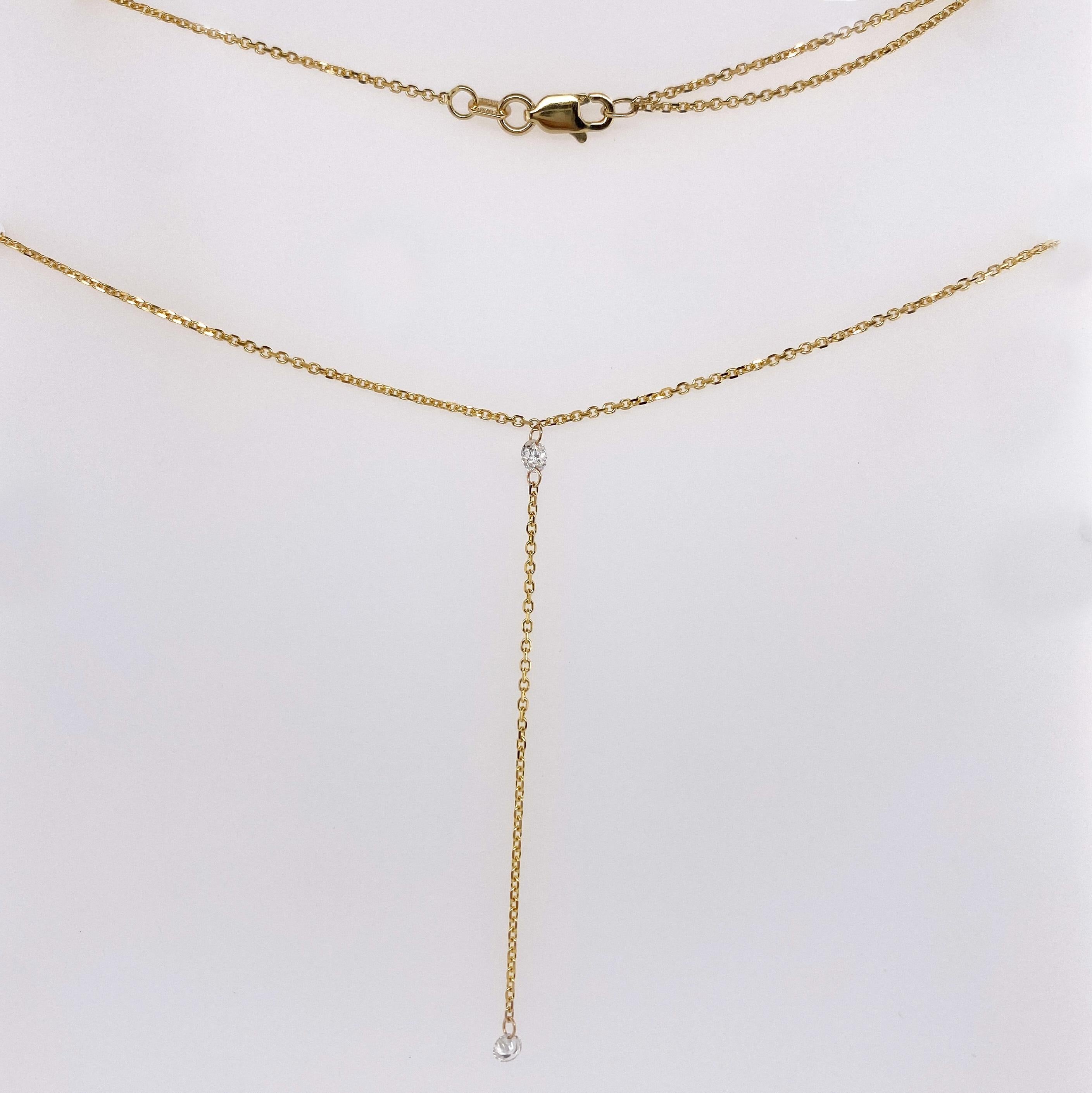 Contemporain Collier de diamants dansant en forme de Y avec deux diamants en or jaune 14K en vente