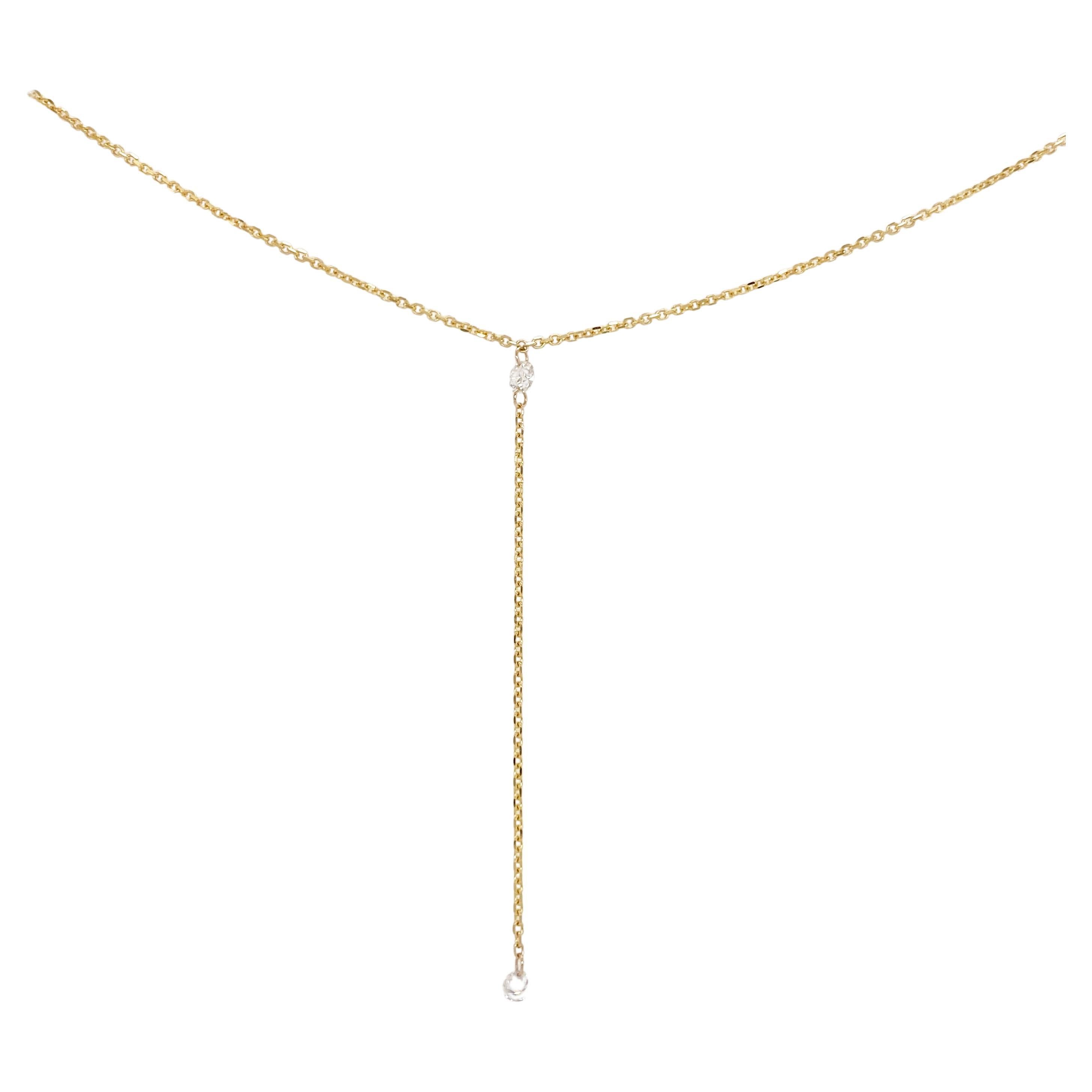 Dancing Diamond Necklace w Y Drop Design w Two Diamonds in 14K Yellow Gold For Sale