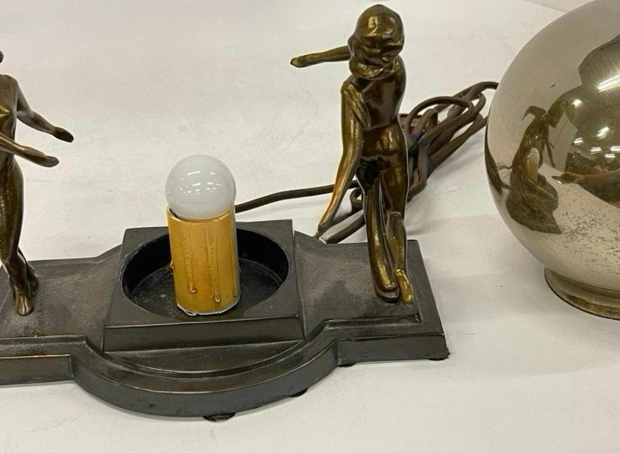 Dancing Double Nude Art Deco Table Lamp With Original Mercury Glass Globe In Good Condition For Sale In Chicago, IL