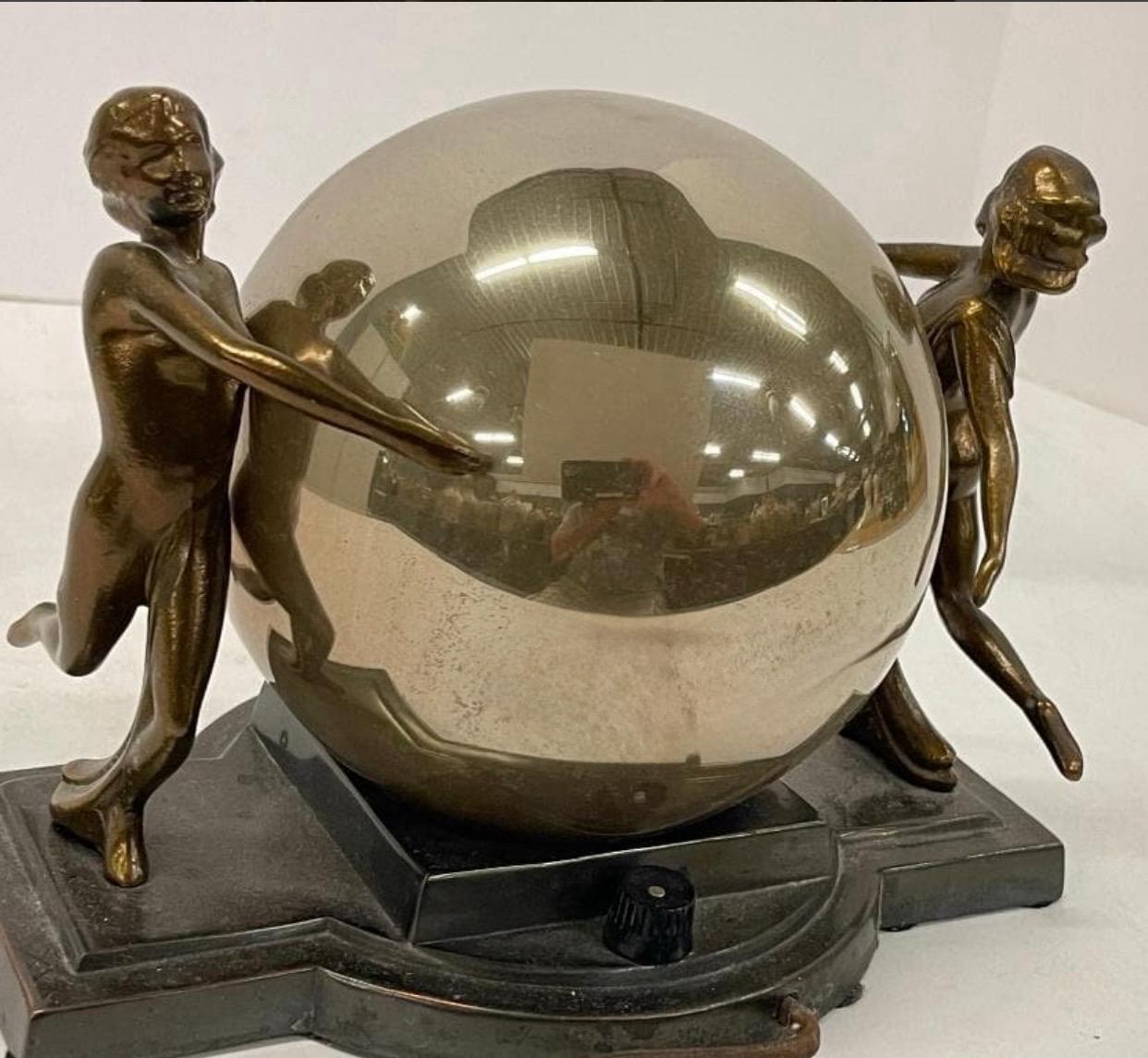 Early 20th Century Dancing Double Nude Art Deco Table Lamp With Original Mercury Glass Globe For Sale