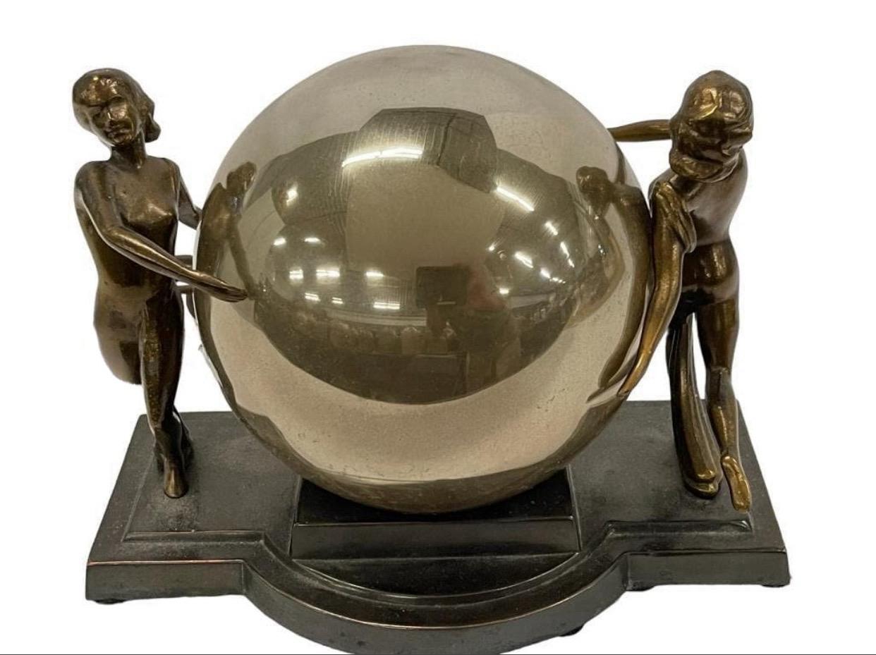 Dancing Double Nude Art Deco Table Lamp With Original Mercury Glass Globe For Sale 2