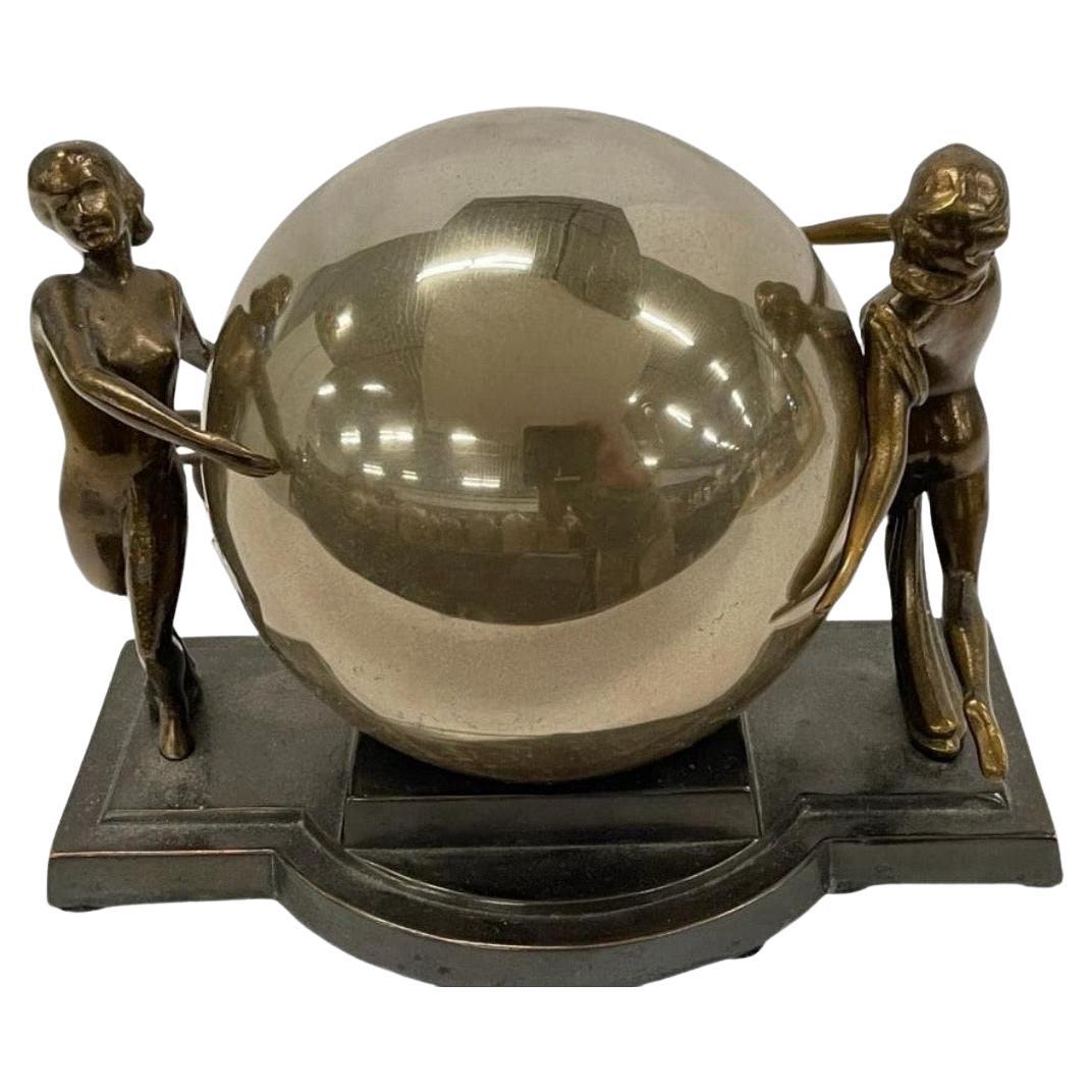 Dancing Double Nude Art Deco Table Lamp With Original Mercury Glass Globe For Sale