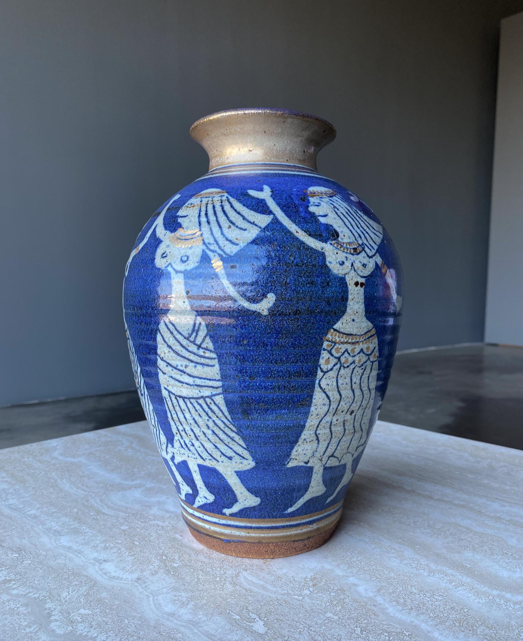 Dancing Egyptians Blue Ceramic Vase, c.1975 For Sale 3