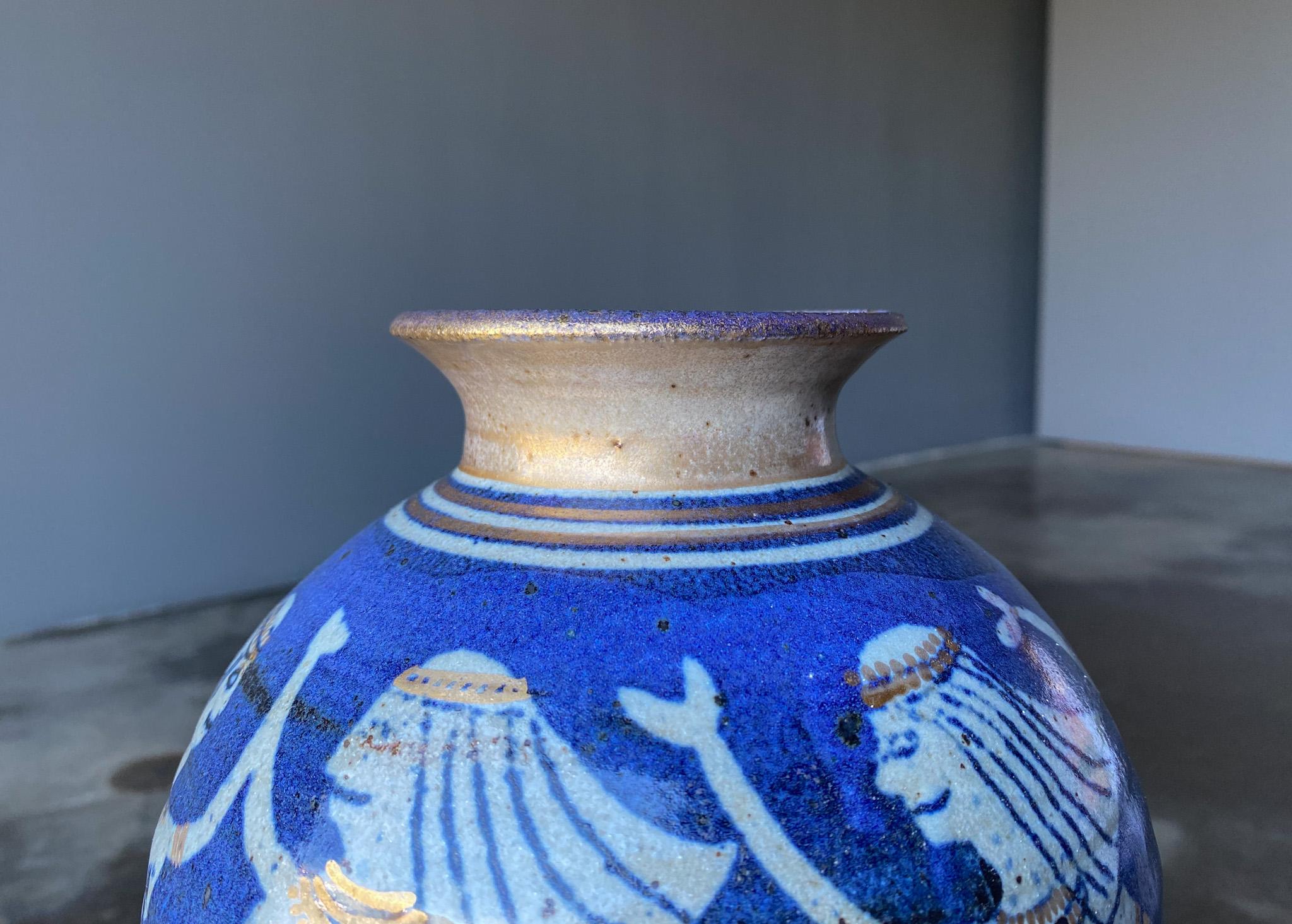 Dancing Egyptians Blue Ceramic Vase, c.1975 For Sale 4