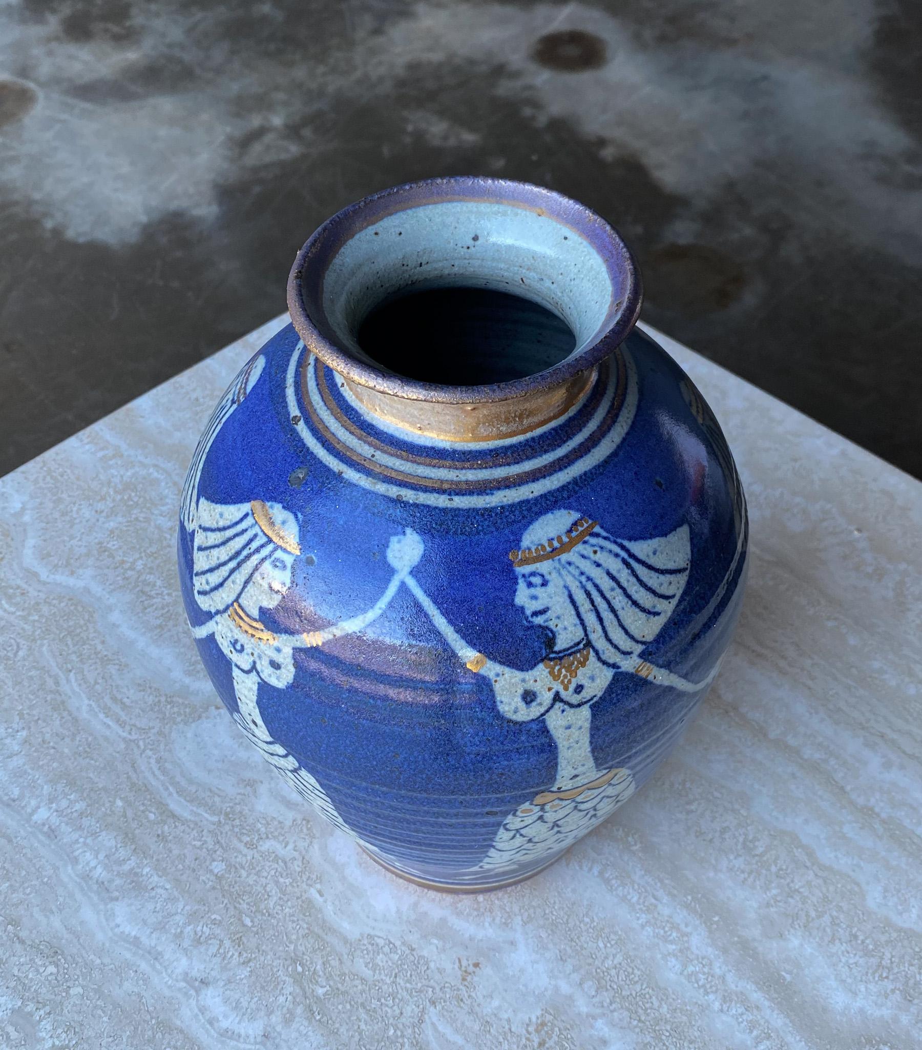 Dancing Egyptians Blue Ceramic Vase, c.1975.  Appears to be unsigned.  