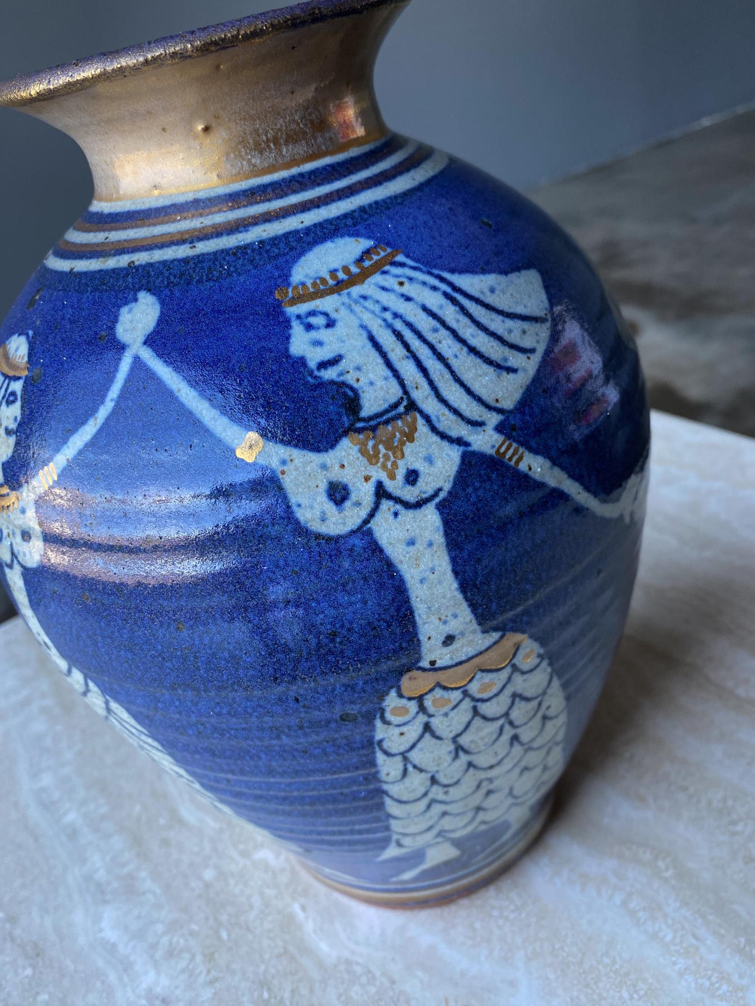 Mid-Century Modern Dancing Egyptians Blue Ceramic Vase, c.1975 For Sale