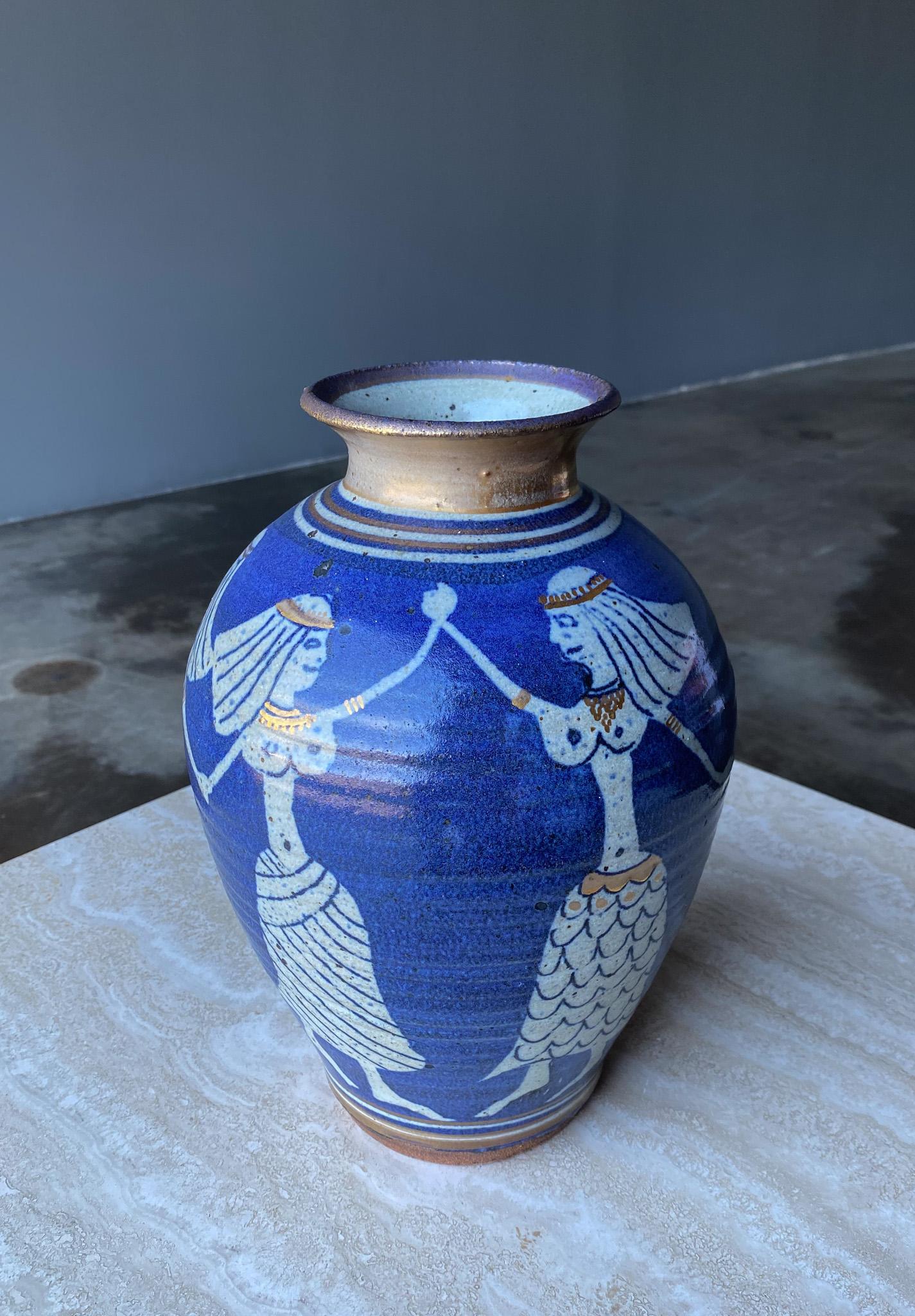 American Dancing Egyptians Blue Ceramic Vase, c.1975 For Sale