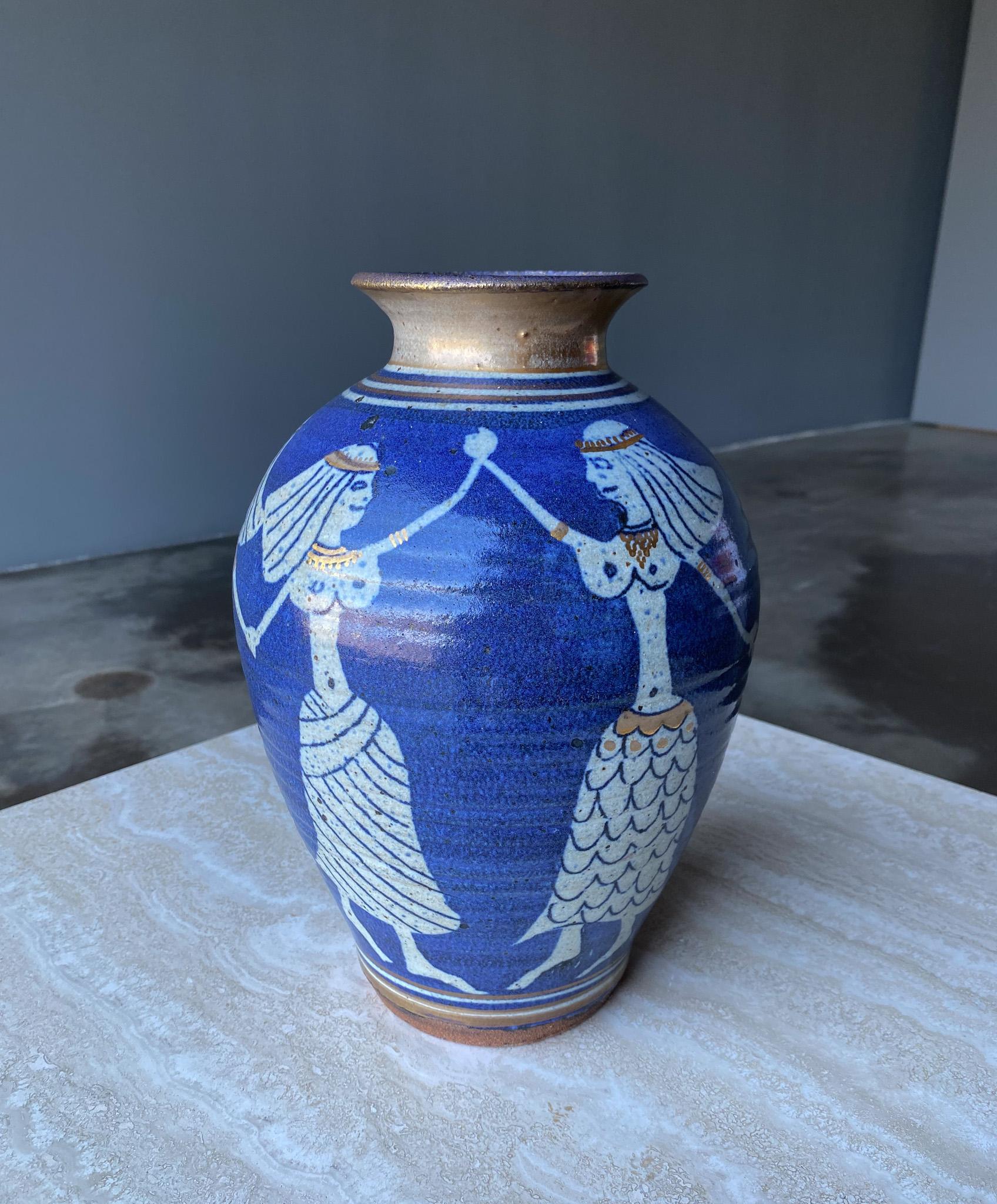 Glazed Dancing Egyptians Blue Ceramic Vase, c.1975 For Sale