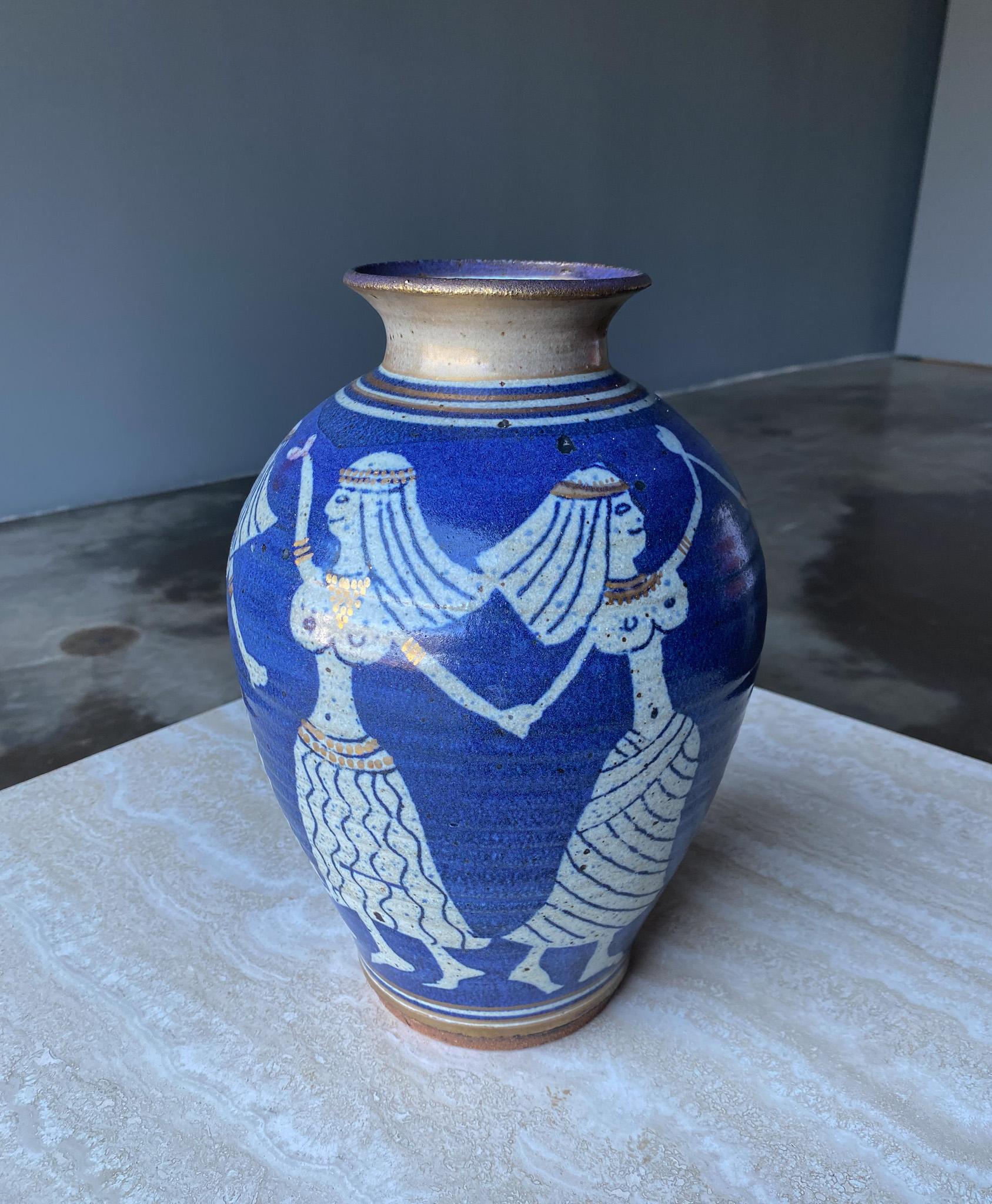 Dancing Egyptians Blue Ceramic Vase, c.1975 In Good Condition For Sale In Costa Mesa, CA